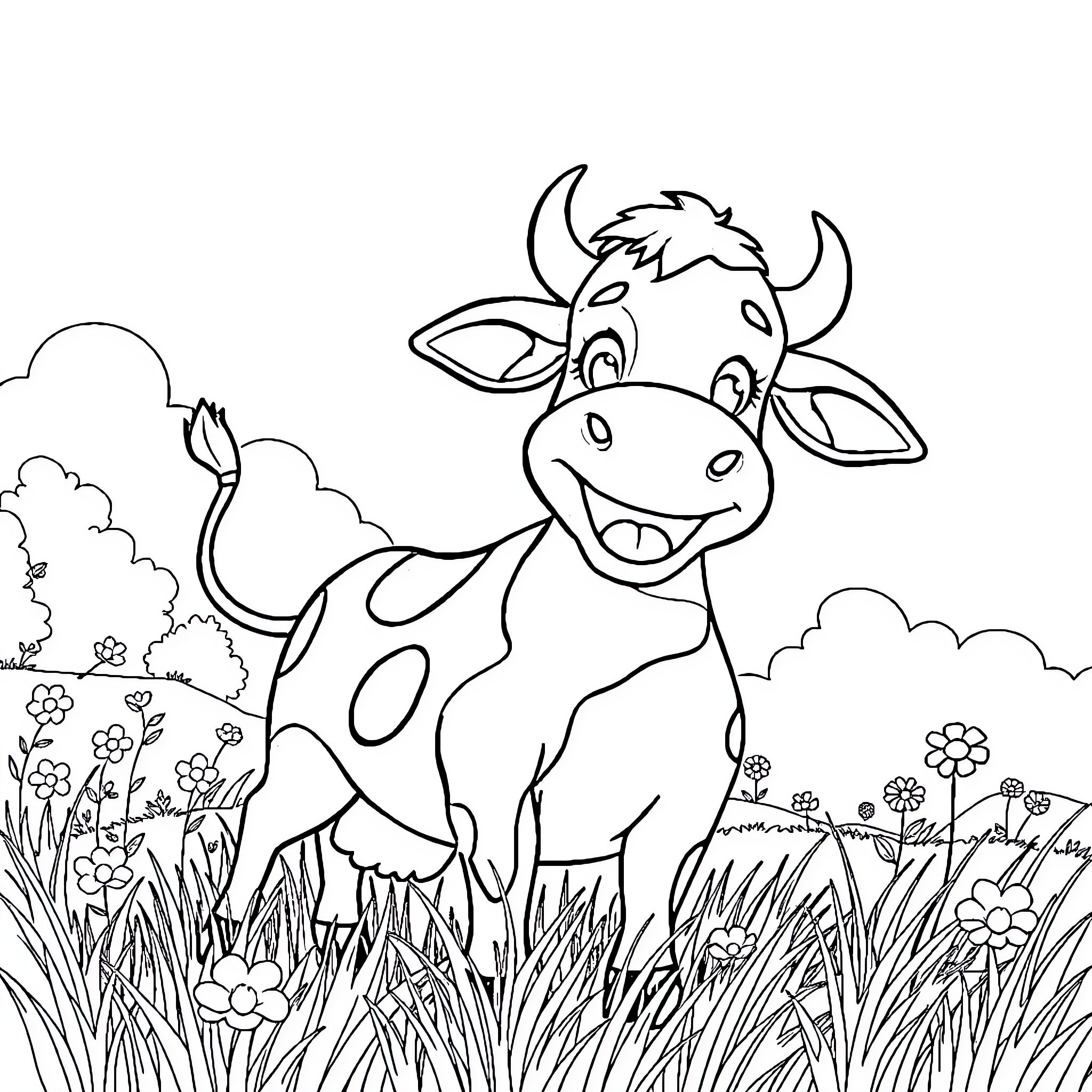 Vaca roaming happily in a floral meadow Coloring Page (free black-and-white line drawing printable PDF for all, from beginners to advanced learners, including children, teens, adults, and seniors)