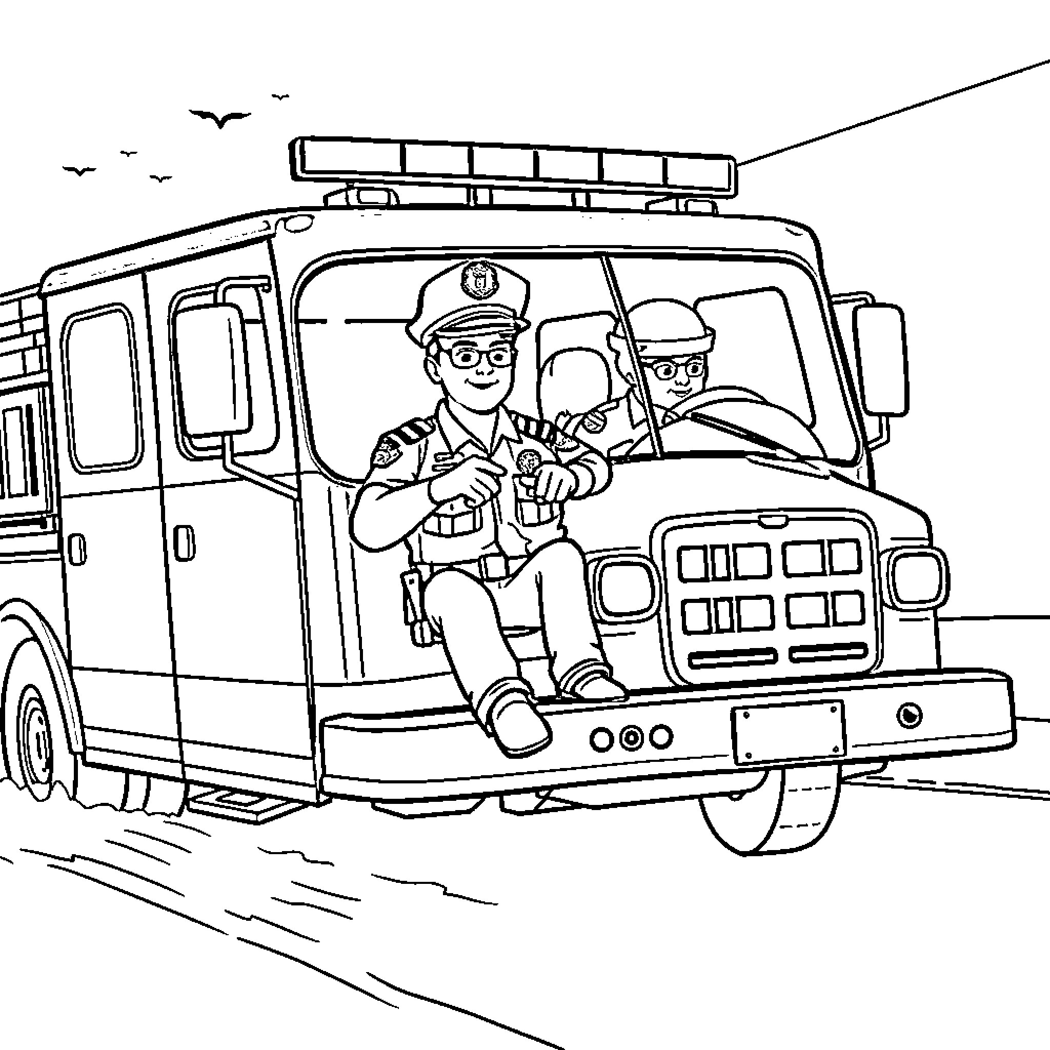 Firetruck with firefighters rushing to respond Coloring Page (free black-and-white line drawing printable PDF for all, from beginners to advanced learners, including children, teens, adults, and seniors)