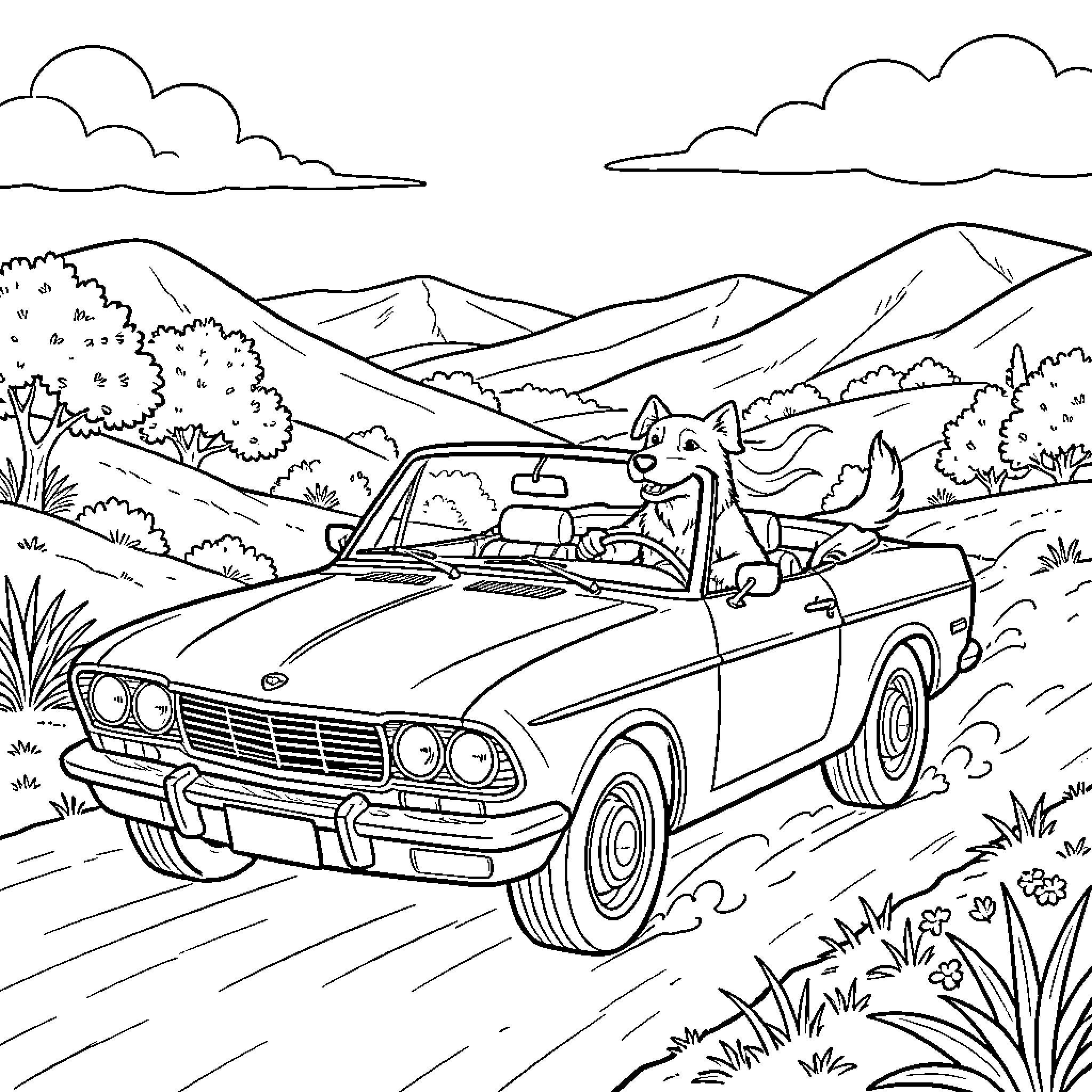Perro driving a convertible car through mountains Coloring Page (free black-and-white line drawing printable PDF for all, from beginners to advanced learners, including children, teens, adults, and seniors)