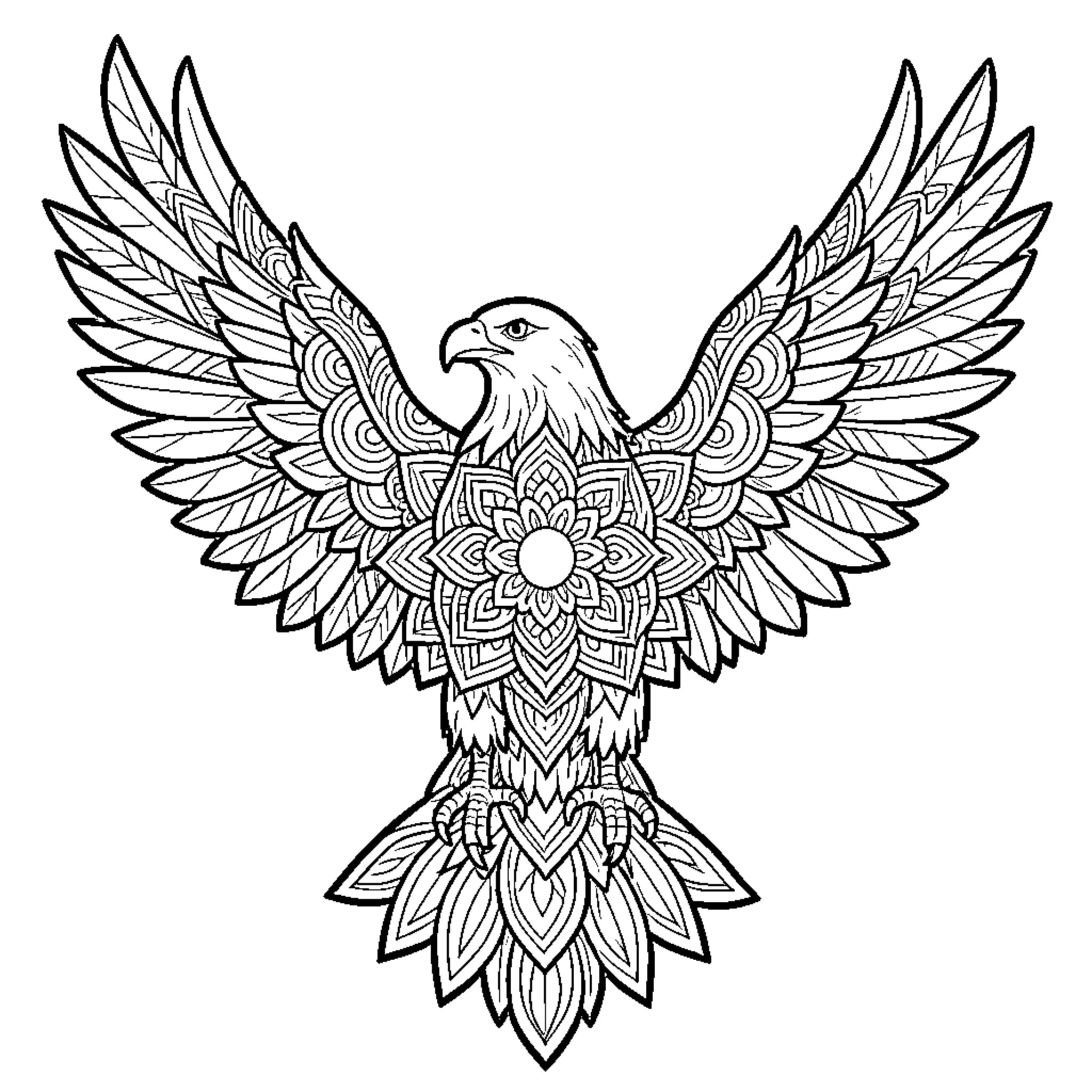 Eagle soaring with intricate wing details Coloring Page (free black-and-white line drawing printable PDF for all, from beginners to advanced learners, including children, teens, adults, and seniors)