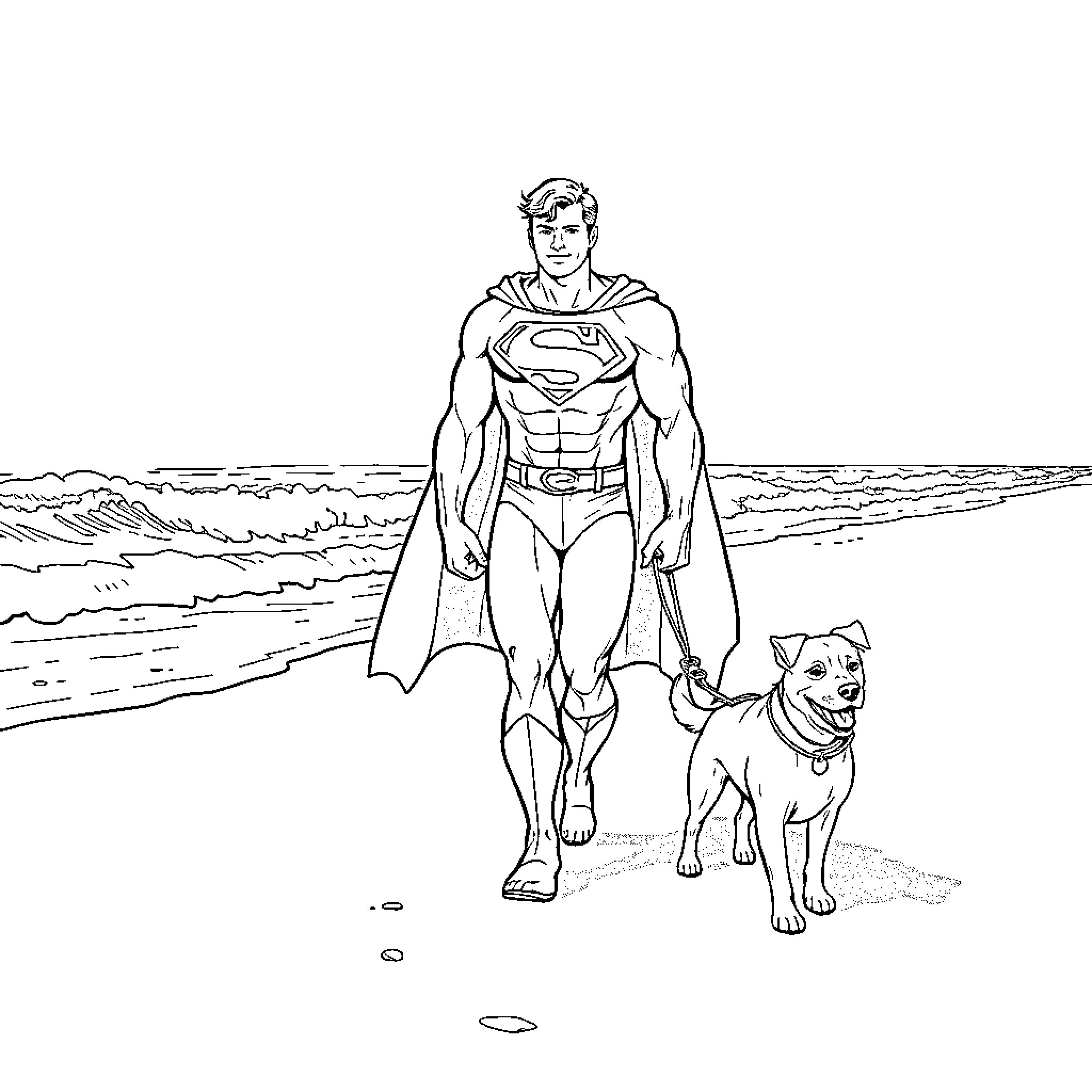 Superman walking his dog on the beach Coloring Page (free black-and-white line drawing printable PDF for all, from beginners to advanced learners, including children, teens, adults, and seniors)