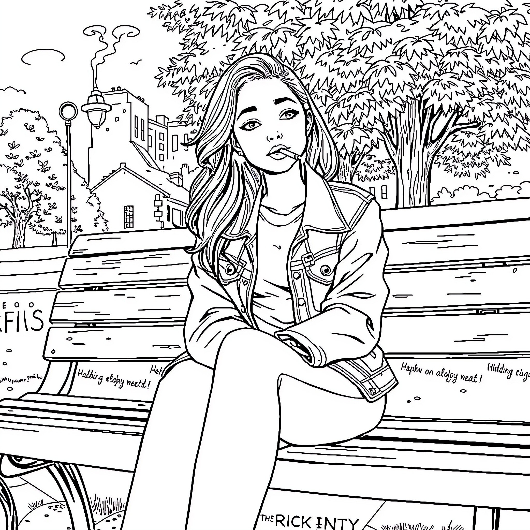 Girl thoughtfully sits on a park bench Coloring Page (free black-and-white line drawing printable PDF for all, from beginners to advanced learners, including children, teens, adults, and seniors)