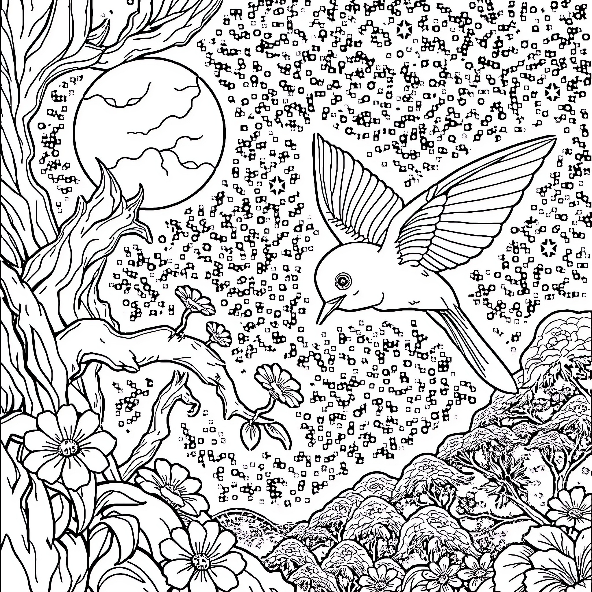 Moon and Star Hummingbird in Floral Landscape Coloring Page (free black-and-white line drawing printable PDF for all, from beginners to advanced learners, including children, teens, adults, and seniors)