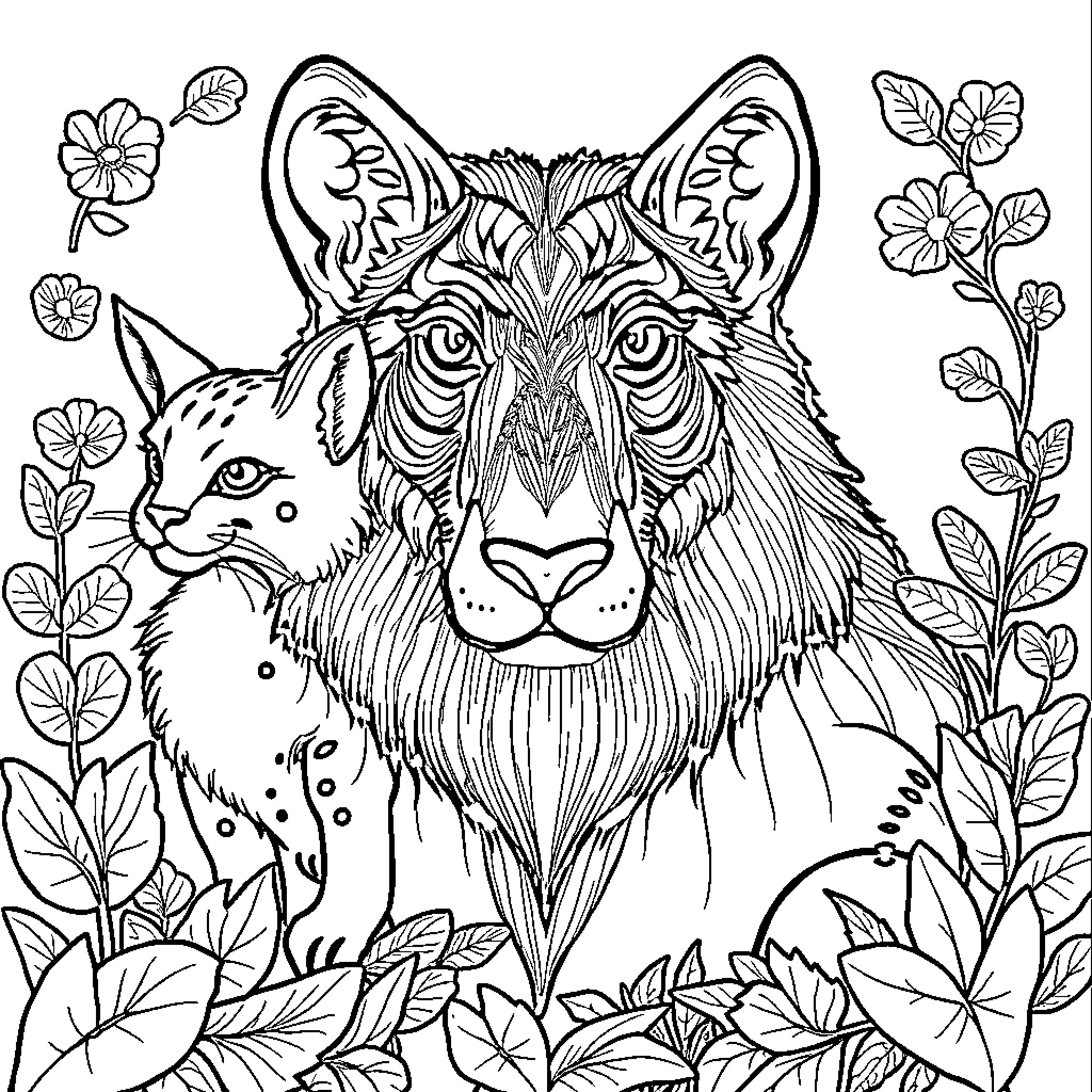 Number Detailed Drawing of a Wild Cat in Flowers Coloring Page (free black-and-white line drawing printable PDF for all, from beginners to advanced learners, including children, teens, adults, and seniors)
