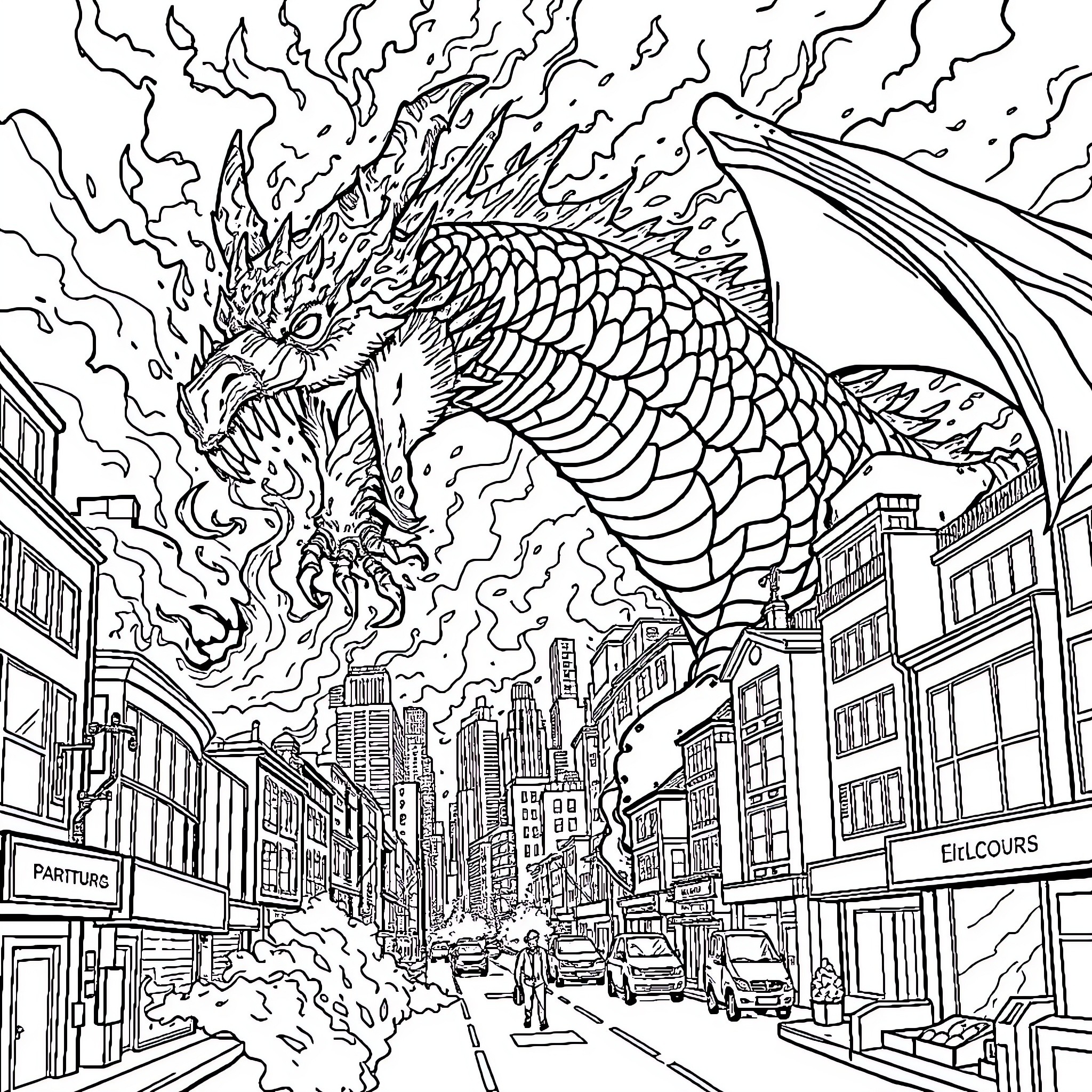 Dragon Soaring Above the City Skyline Coloring Page (free black-and-white line drawing printable PDF for all, from beginners to advanced learners, including children, teens, adults, and seniors)