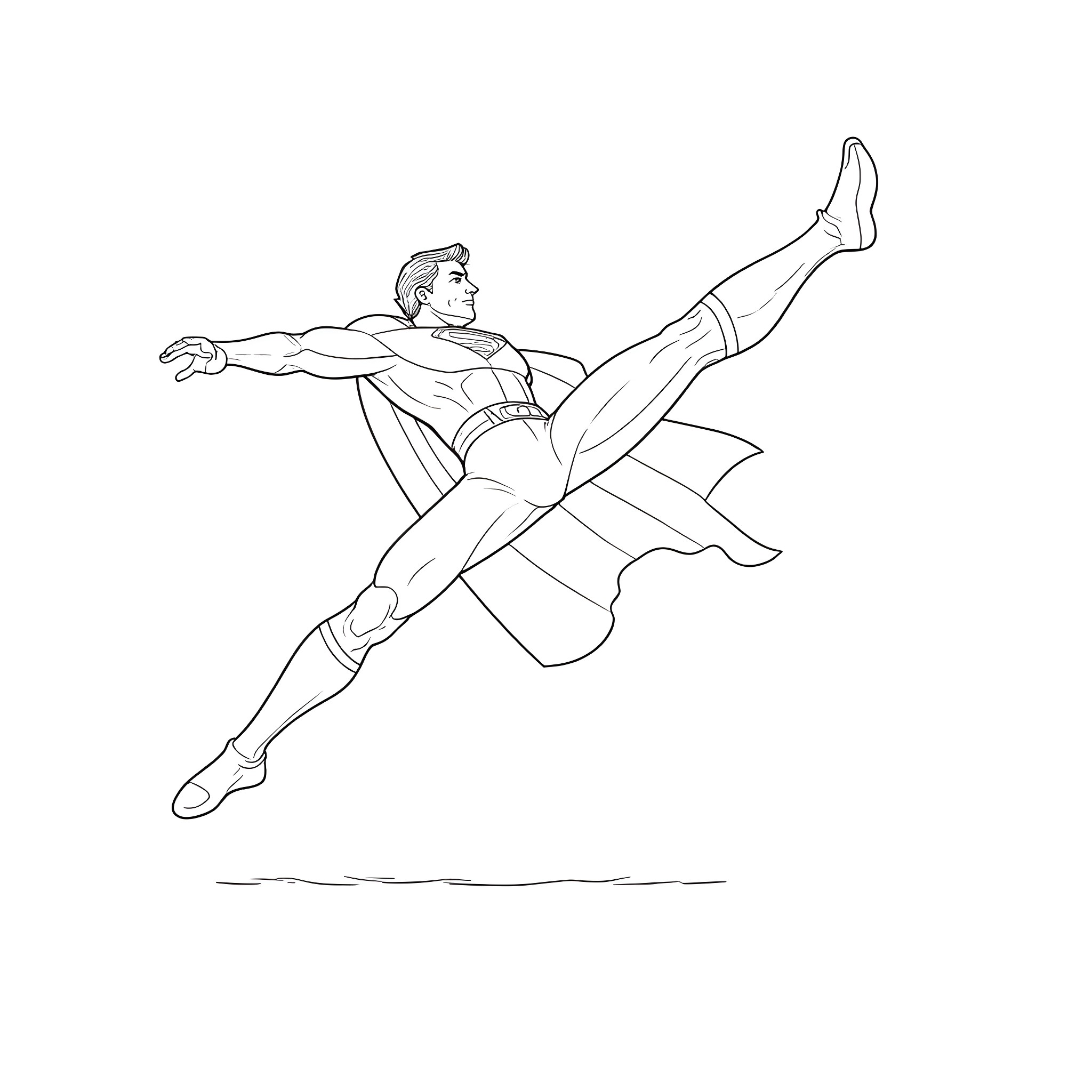 Superman heroically soaring through the sky Coloring Page (free black-and-white line drawing printable PDF for all, from beginners to advanced learners, including children, teens, adults, and seniors)