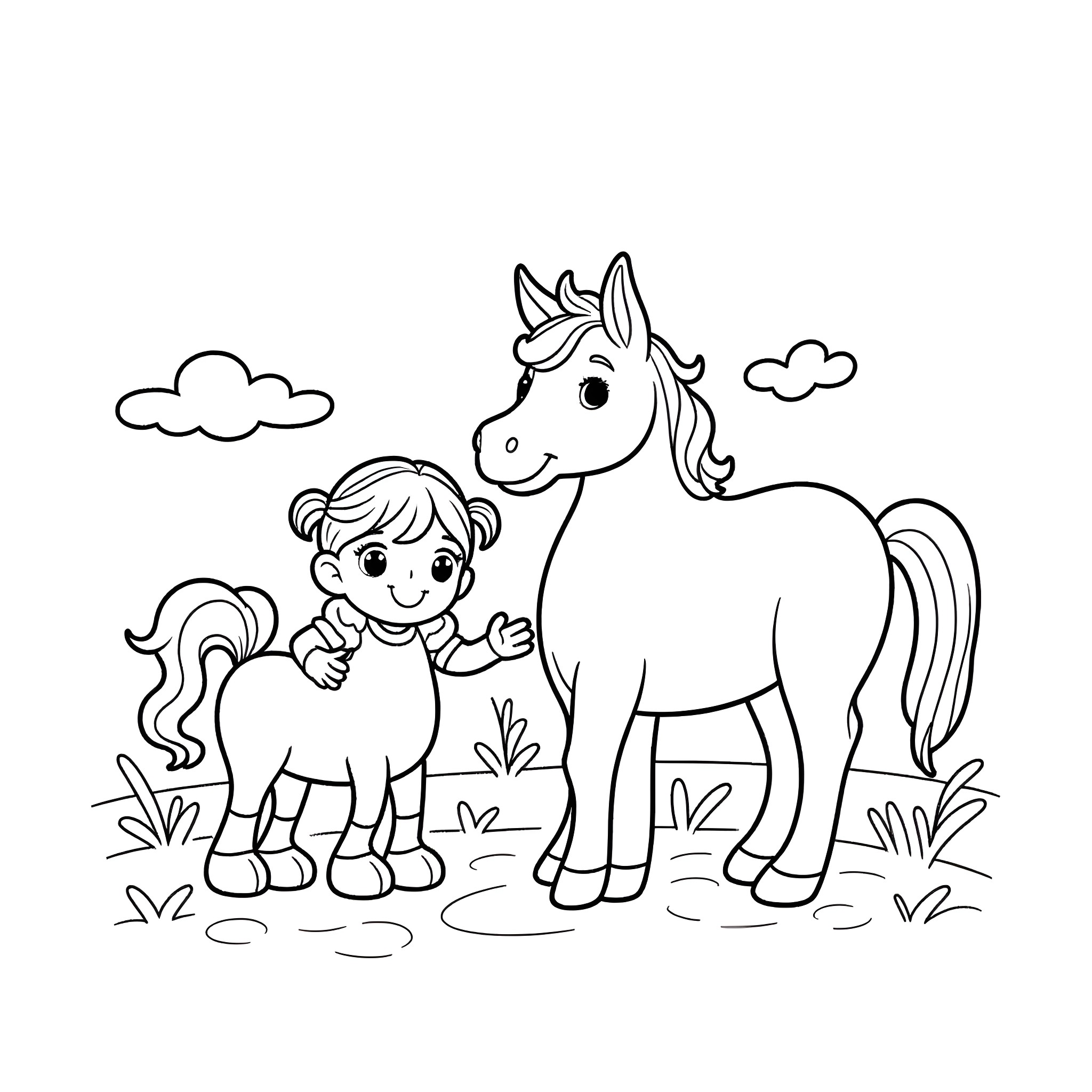 Blippi and Cute Pony in Nature Scene Coloring Page (free black-and-white line drawing printable PDF for all, from beginners to advanced learners, including children, teens, adults, and seniors)