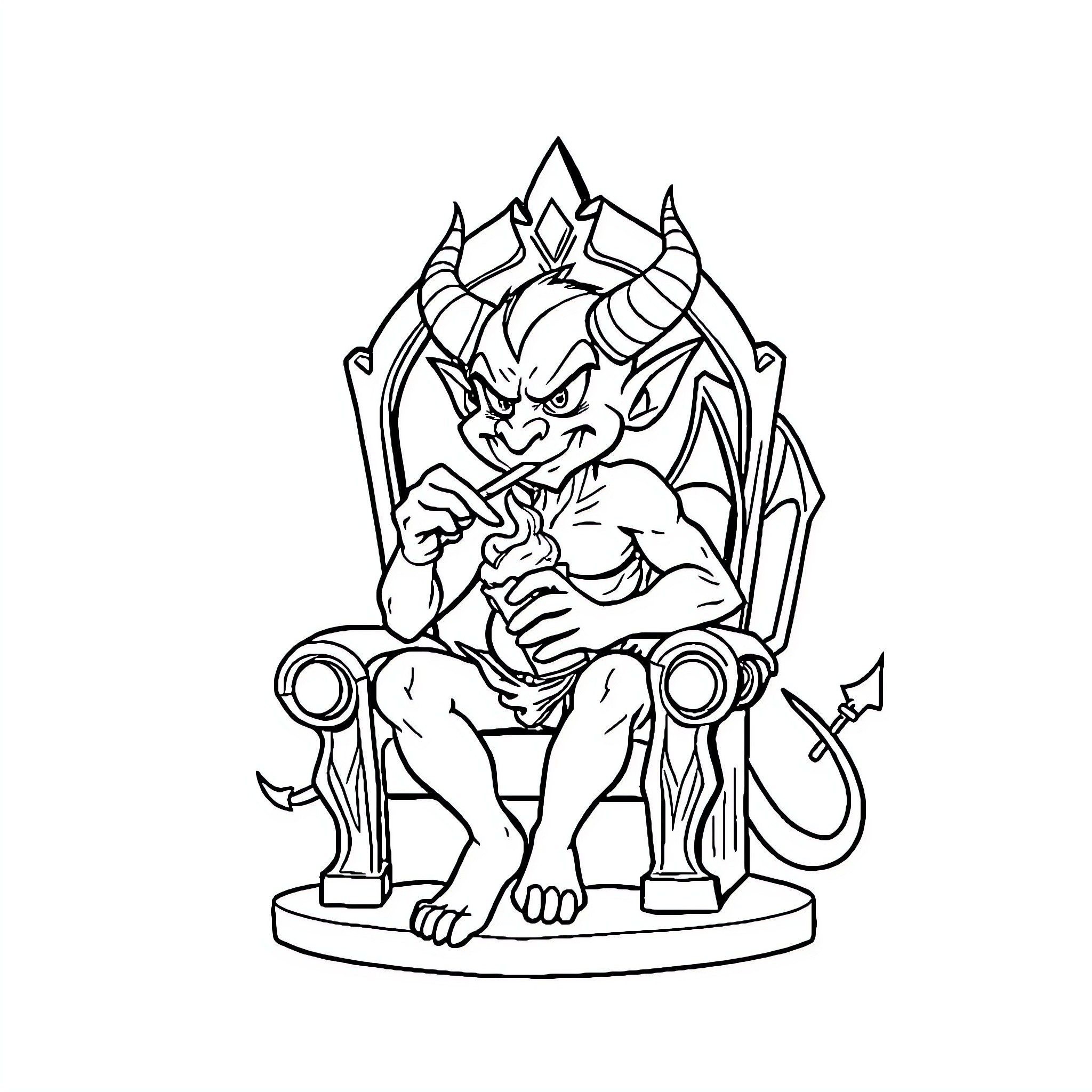 Devil Sits Menacingly on Throne Coloring Page (free black-and-white line drawing printable PDF for all, from beginners to advanced learners, including children, teens, adults, and seniors)