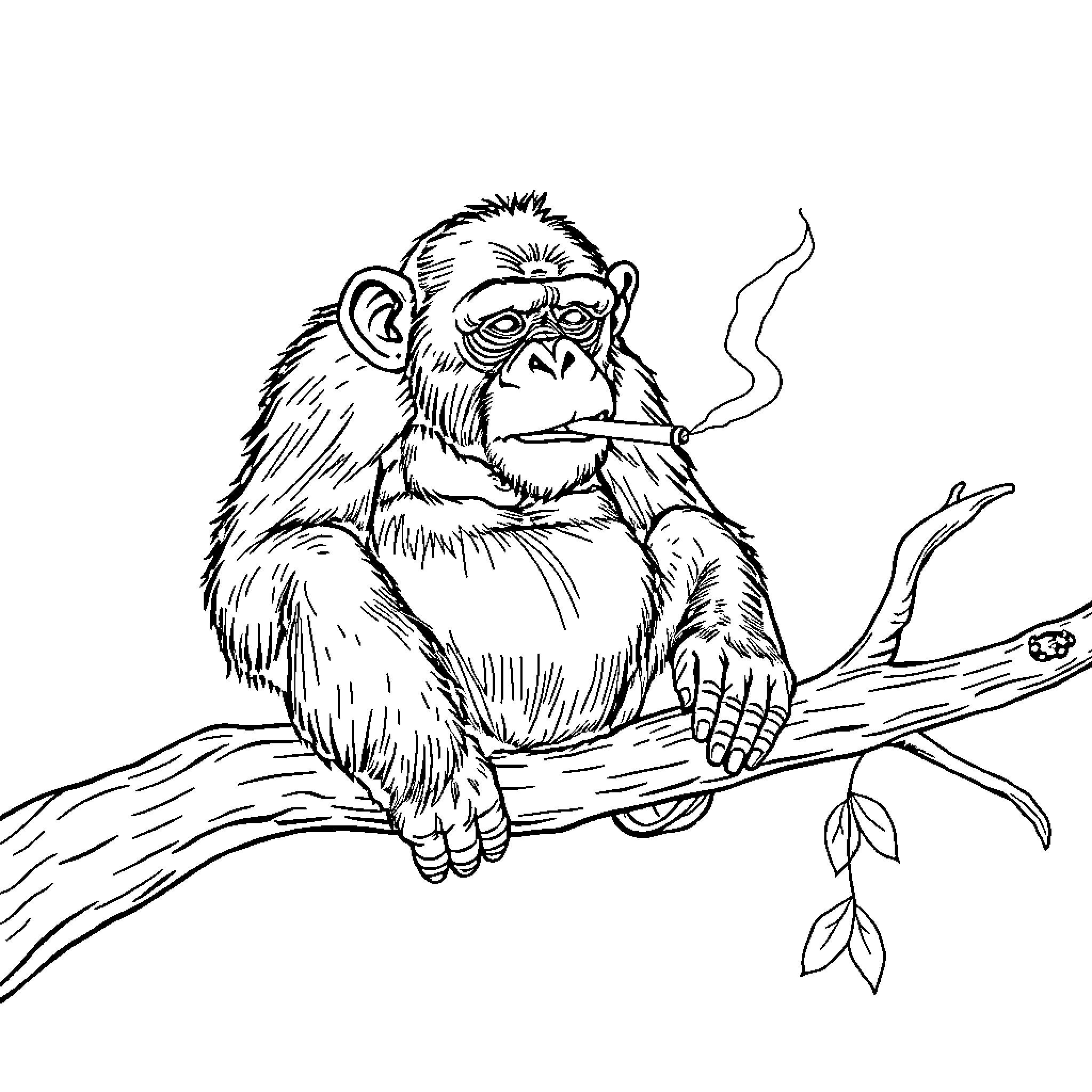 Chimp smoking thoughtfully on a branch Coloring Page (free black-and-white line drawing printable PDF for all, from beginners to advanced learners, including children, teens, adults, and seniors)