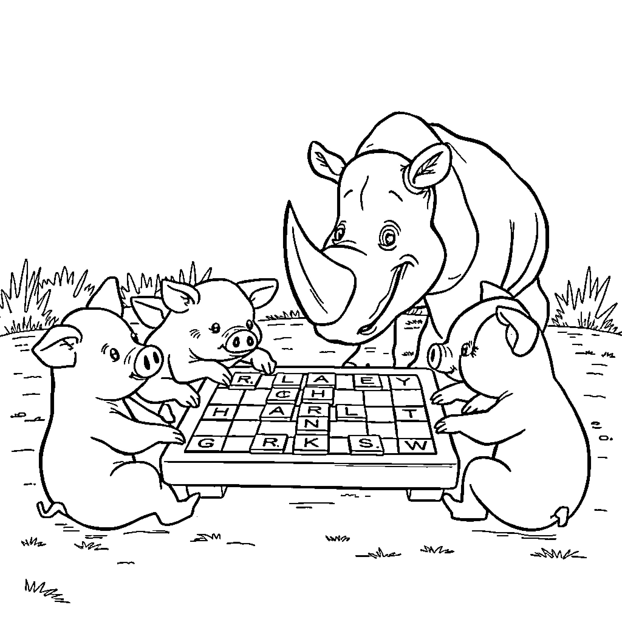Pigs Playing Checkers in the Meadow Coloring Page (free black-and-white line drawing printable PDF for all, from beginners to advanced learners, including children, teens, adults, and seniors)