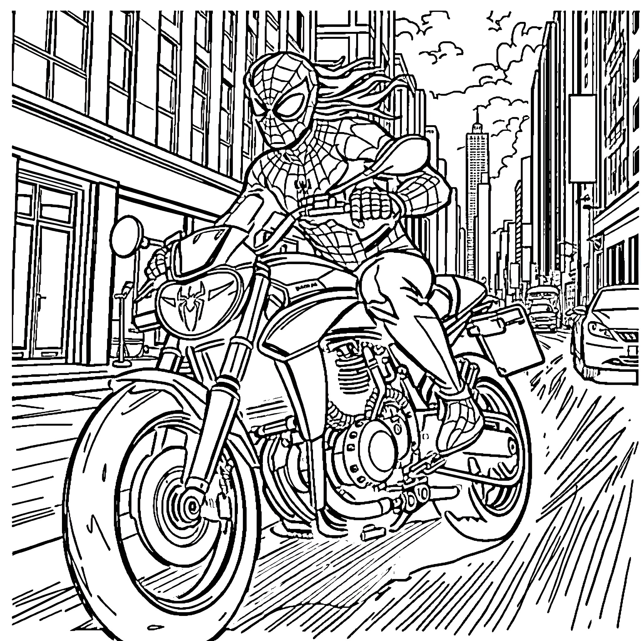 Spiderman speeding through the city on a motorcycle Coloring Page (free black-and-white line drawing printable PDF for all, from beginners to advanced learners, including children, teens, adults, and seniors)