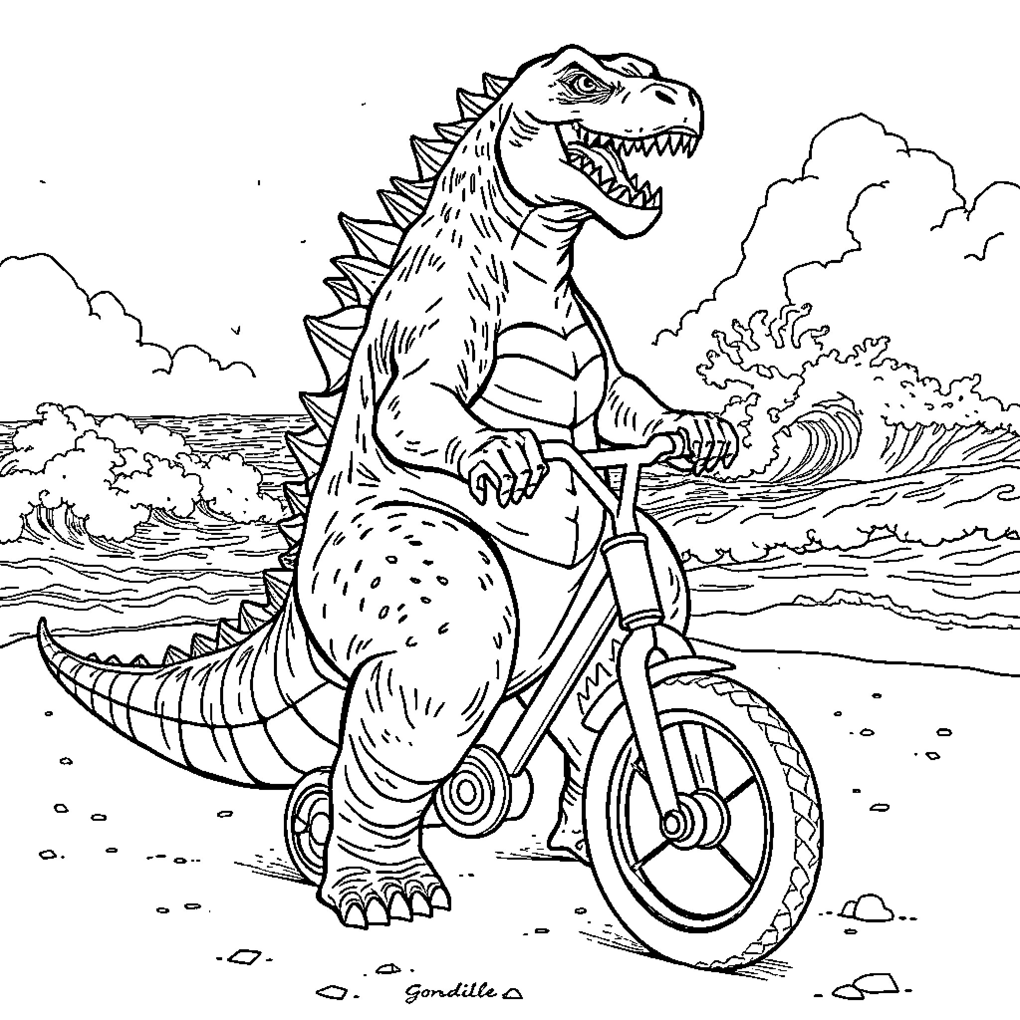 Godzilla riding a bicycle on the beach Coloring Page (free black-and-white line drawing printable PDF for all, from beginners to advanced learners, including children, teens, adults, and seniors)