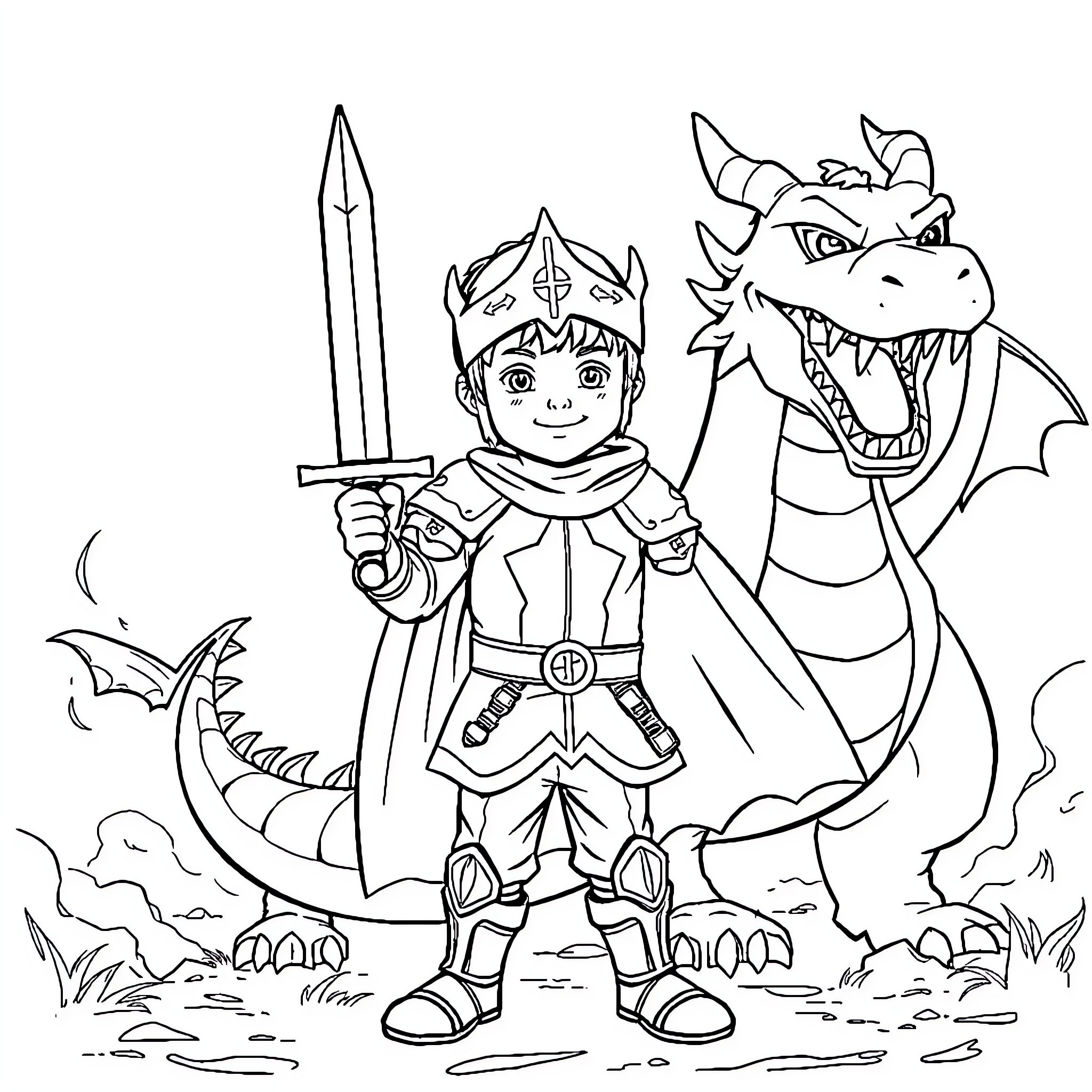 Boy in Knight Costume with Dragon Companion Coloring Page (free black-and-white line drawing printable PDF for all, from beginners to advanced learners, including children, teens, adults, and seniors)