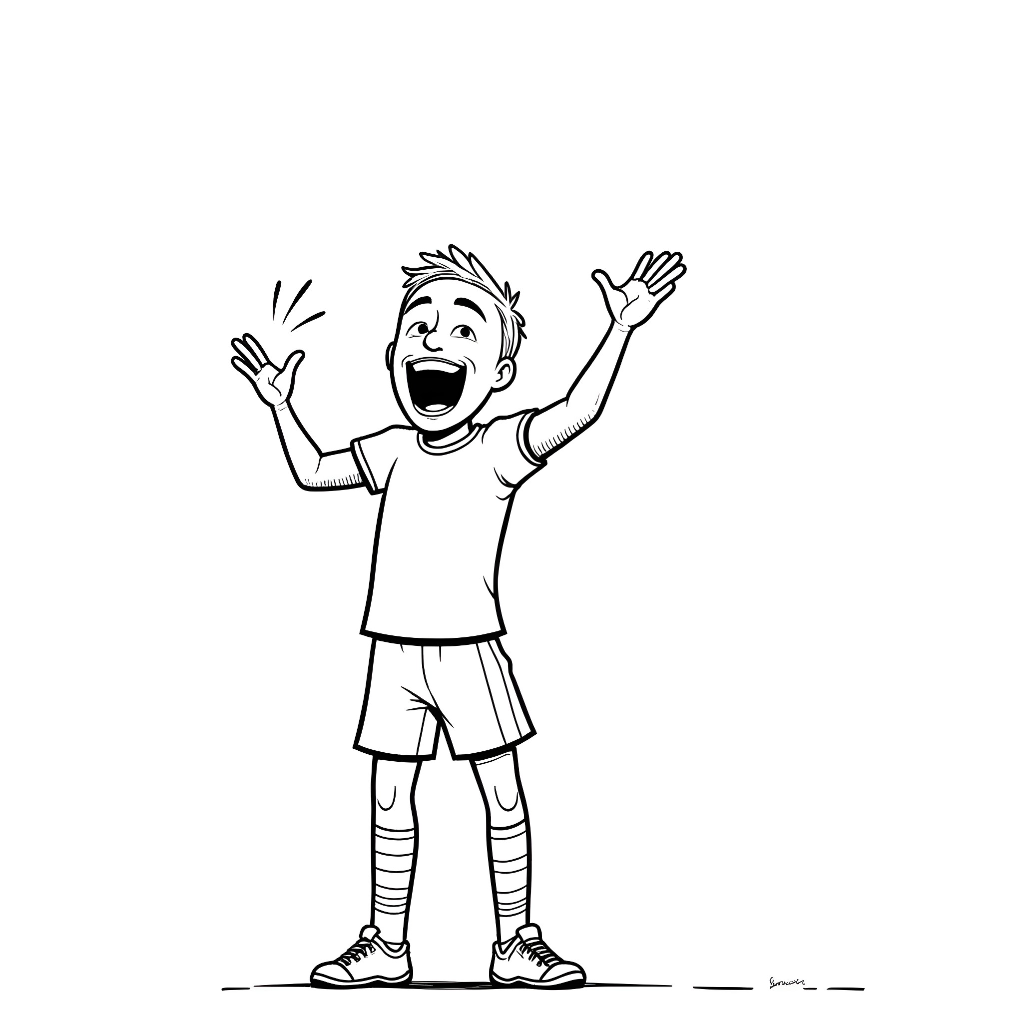 Guy happily expressing enthusiasm with arms raised Coloring Page (free black-and-white line drawing printable PDF for all, from beginners to advanced learners, including children, teens, adults, and seniors)
