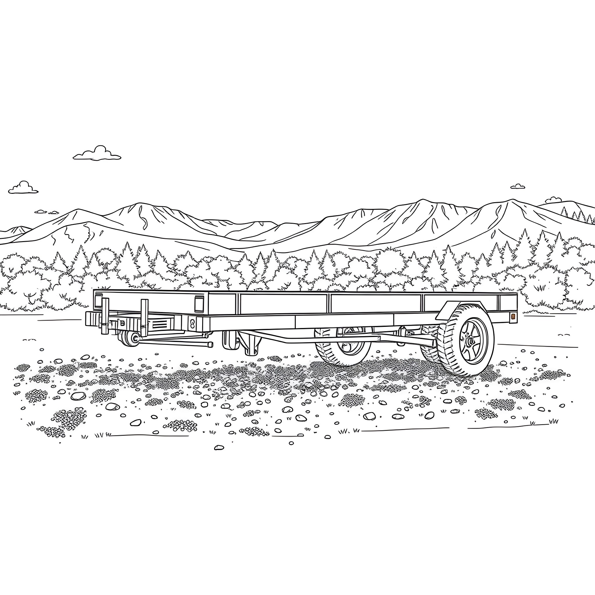 Car Trailer on a Scenic Countryside Road Coloring Page (free black-and-white line drawing printable PDF for all, from beginners to advanced learners, including children, teens, adults, and seniors)