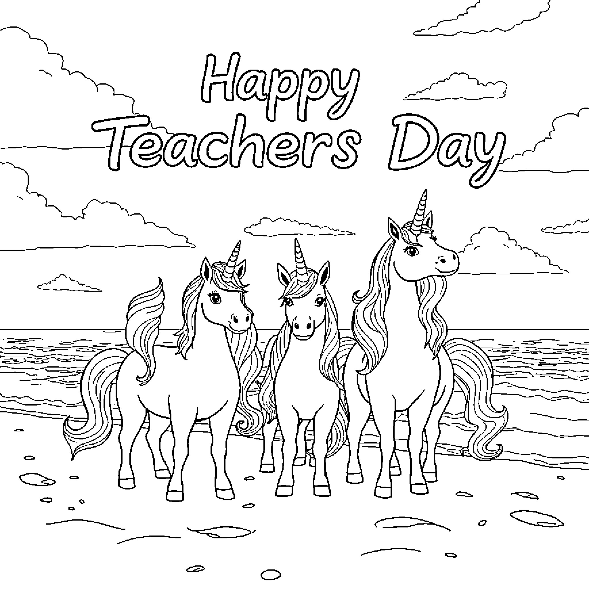 Unicorn celebration on Teachers Day by the sea Coloring Page (free black-and-white line drawing printable PDF for all, from beginners to advanced learners, including children, teens, adults, and seniors)