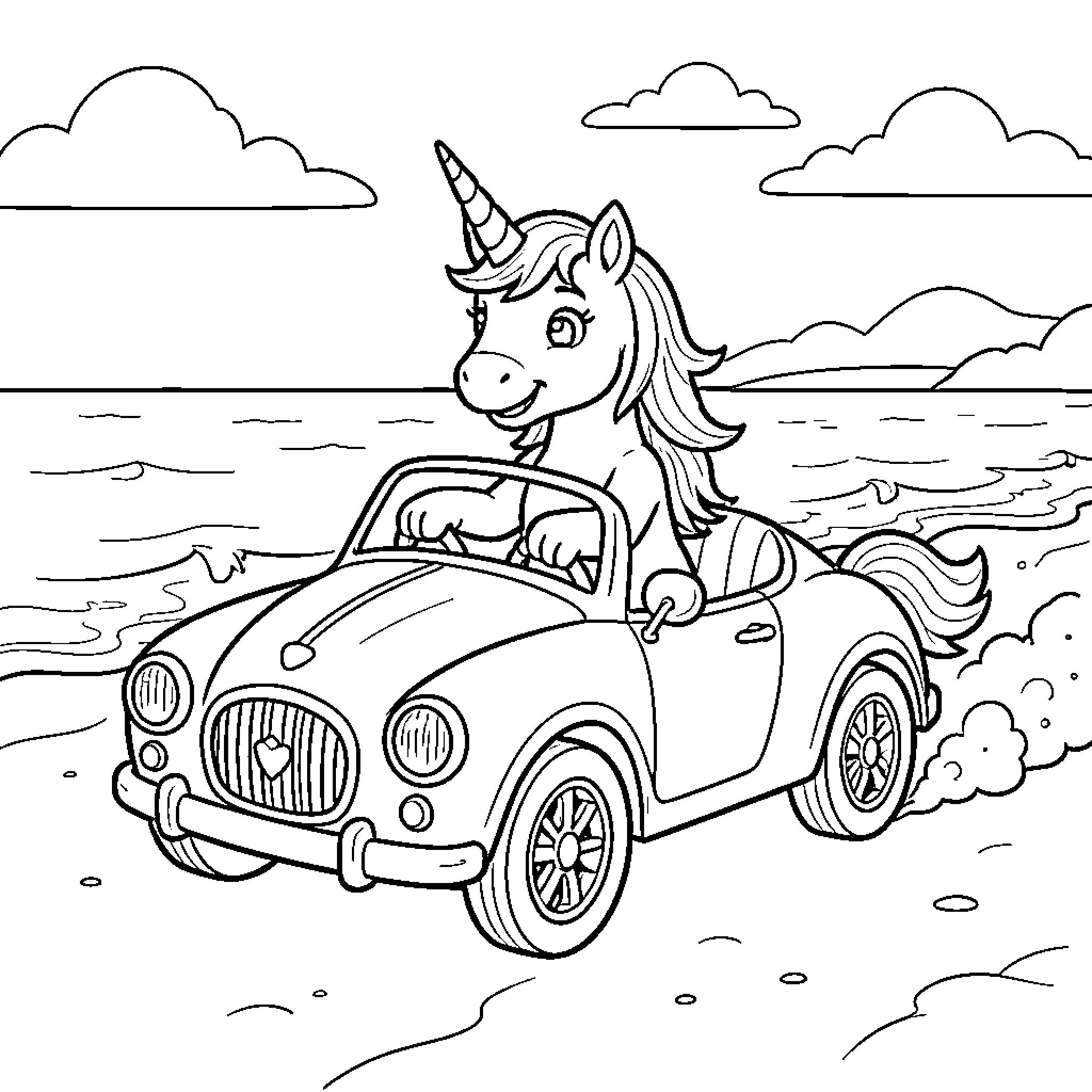 Unicorn driving a small car along the beach Coloring Page (free black-and-white line drawing printable PDF for all, from beginners to advanced learners, including children, teens, adults, and seniors)