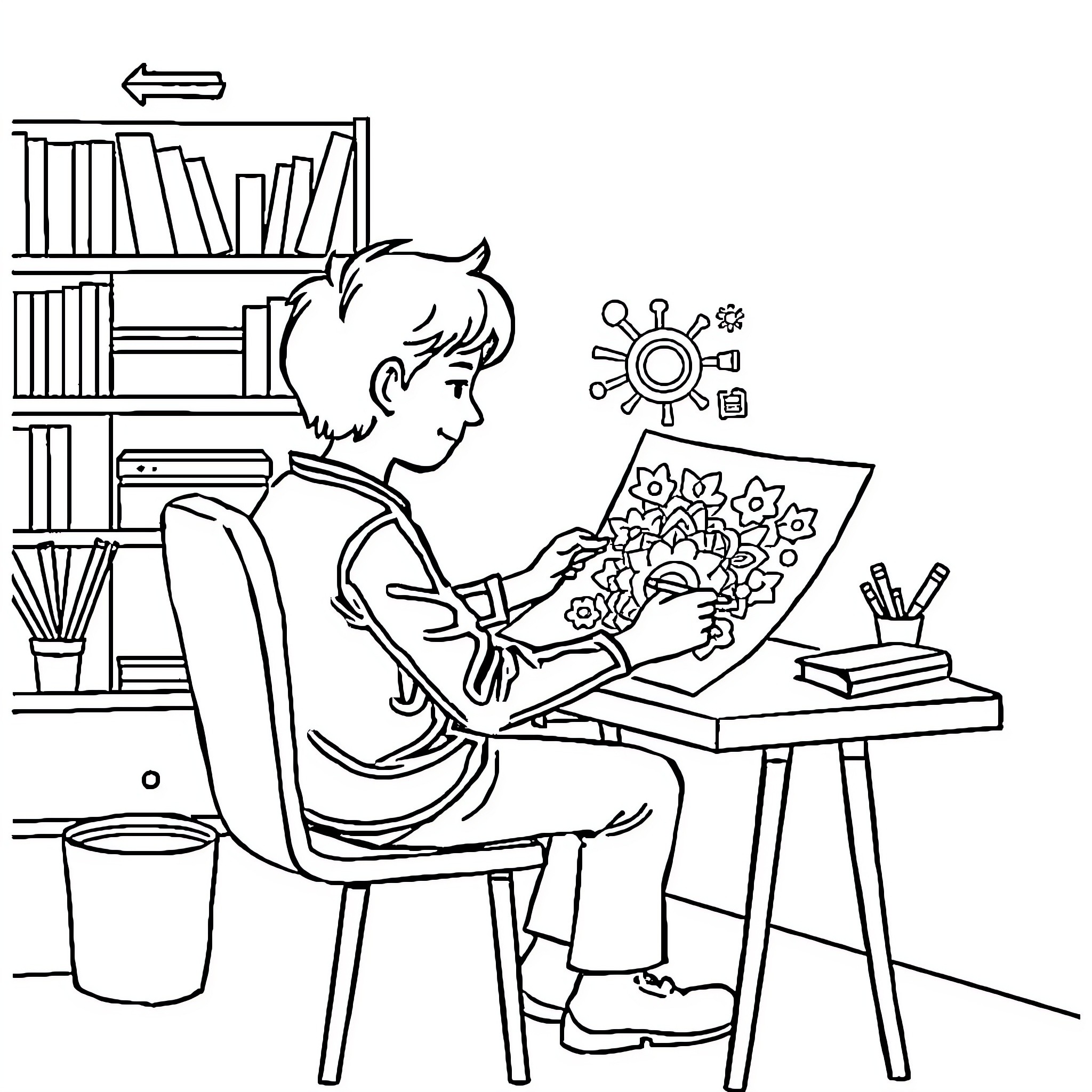 Person drawing at desk with books on shelves Coloring Page (free black-and-white line drawing printable PDF for all, from beginners to advanced learners, including children, teens, adults, and seniors)