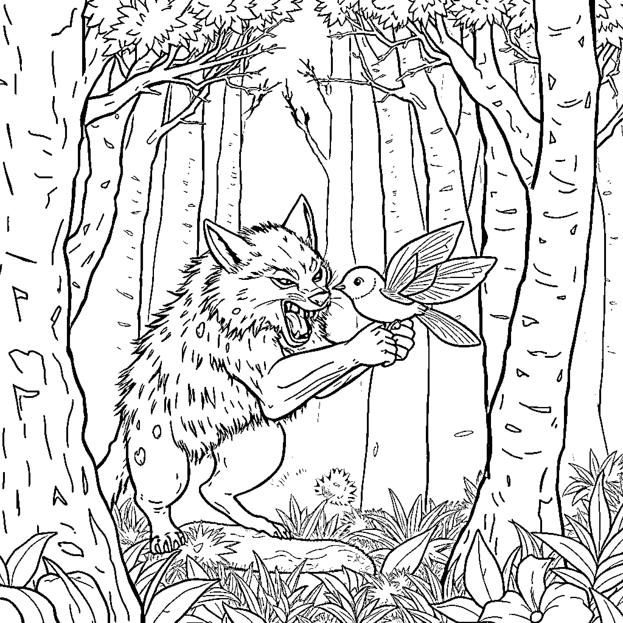 Wolf and Little Red Riding Hood in a Mystical Forest Coloring Page (free black-and-white line drawing printable PDF for all, from beginners to advanced learners, including children, teens, adults, and seniors)
