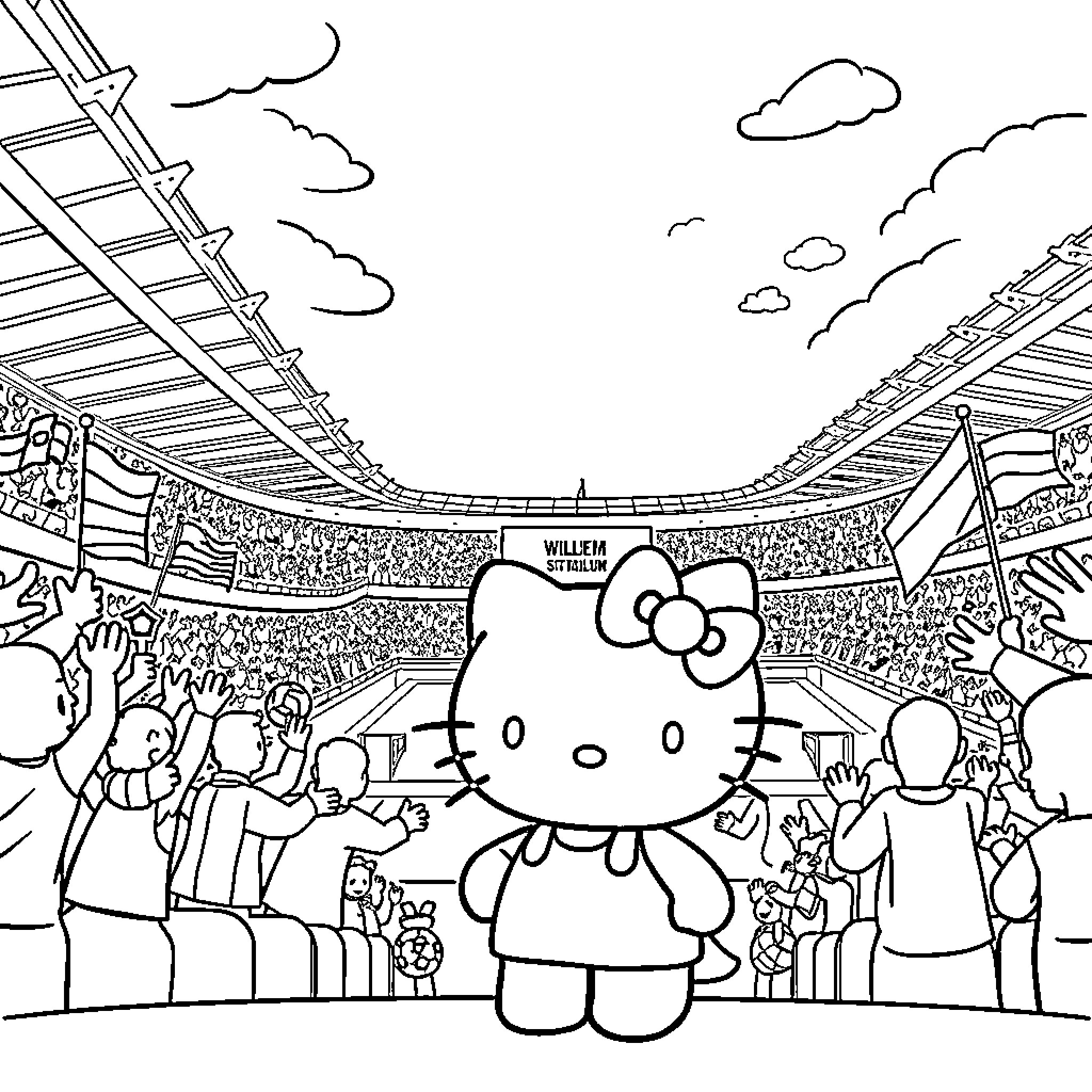 Hello Kitty cheers for her team in the stadium Coloring Page (free black-and-white line drawing printable PDF for all, from beginners to advanced learners, including children, teens, adults, and seniors)