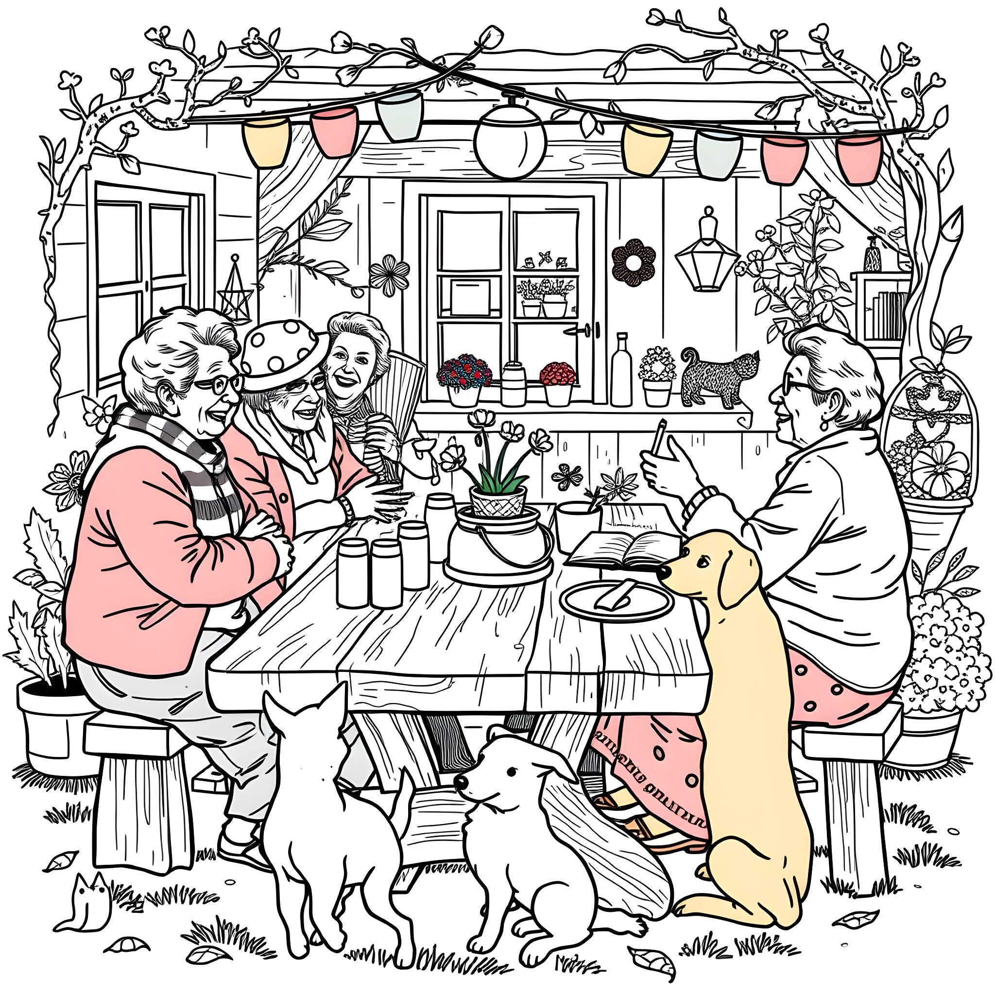Lady Sharing a Cozy Meal with Family and Pets Coloring Page (free black-and-white line drawing printable PDF for all, from beginners to advanced learners, including children, teens, adults, and seniors)