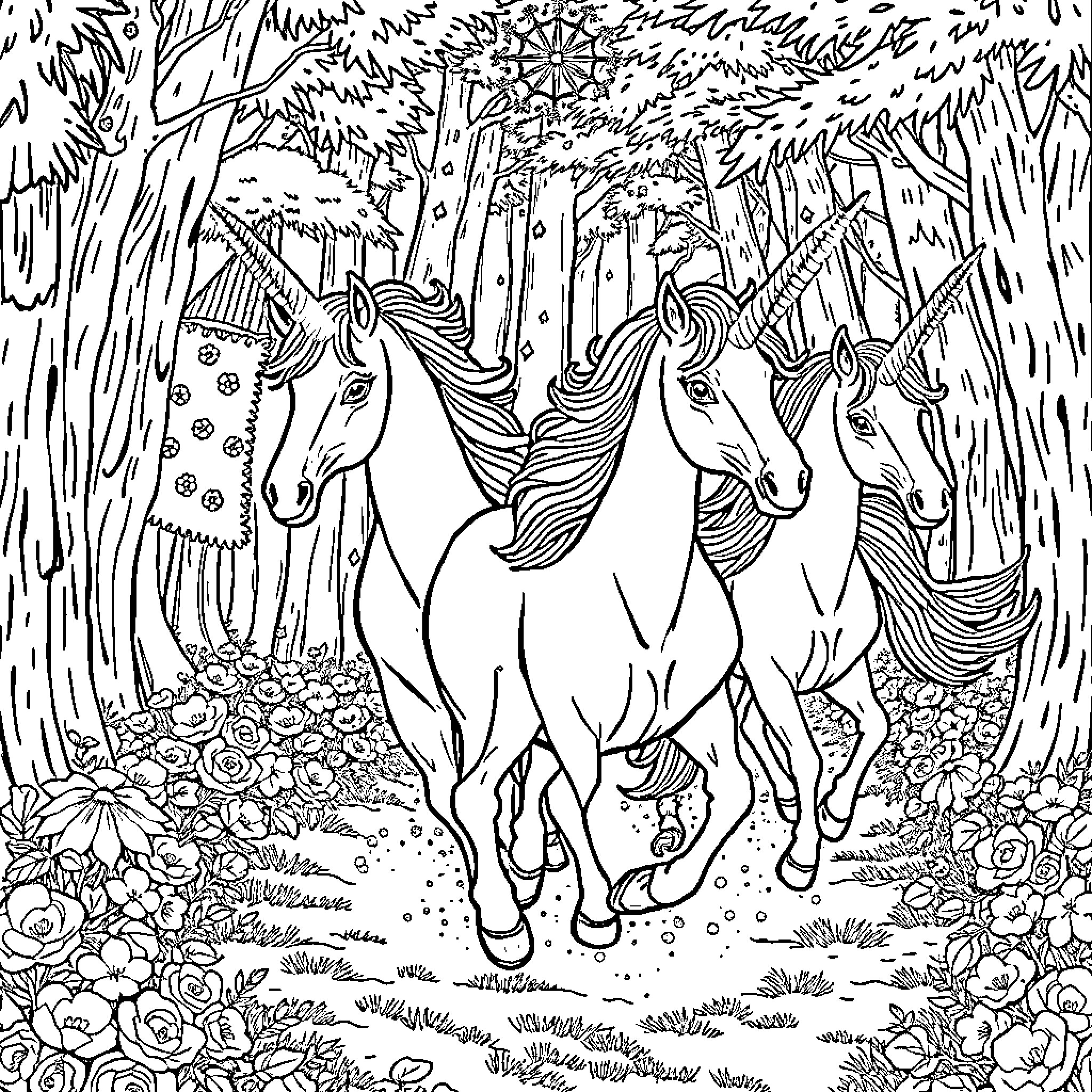 Unicorn Herd Galloping Through Enchanted Forest Coloring Page (free black-and-white line drawing printable PDF for all, from beginners to advanced learners, including children, teens, adults, and seniors)
