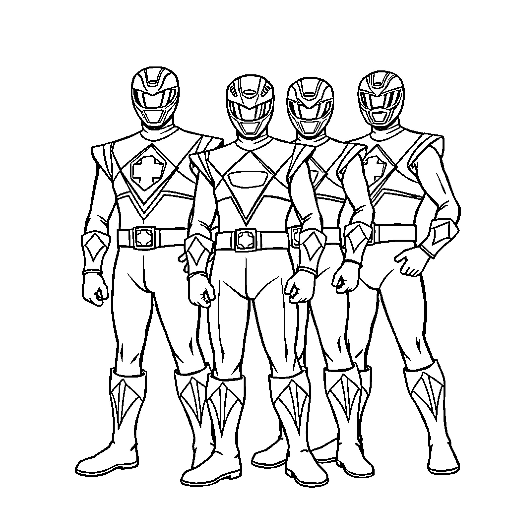 Power Rangers Team Assembled in Battle Gear Coloring Page (free black-and-white line drawing printable PDF for all, from beginners to advanced learners, including children, teens, adults, and seniors)