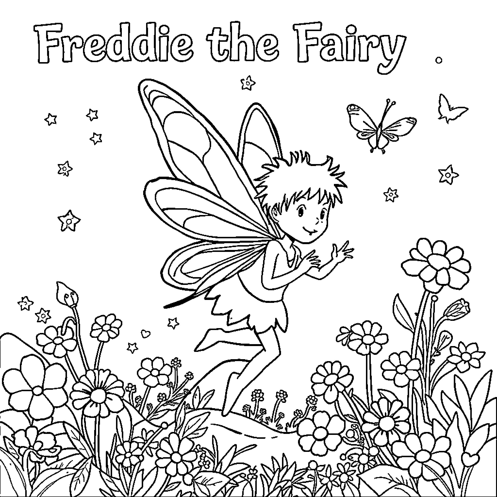 Freddie the Fairy enjoying nature with flowers Coloring Page (free black-and-white line drawing printable PDF for all, from beginners to advanced learners, including children, teens, adults, and seniors)