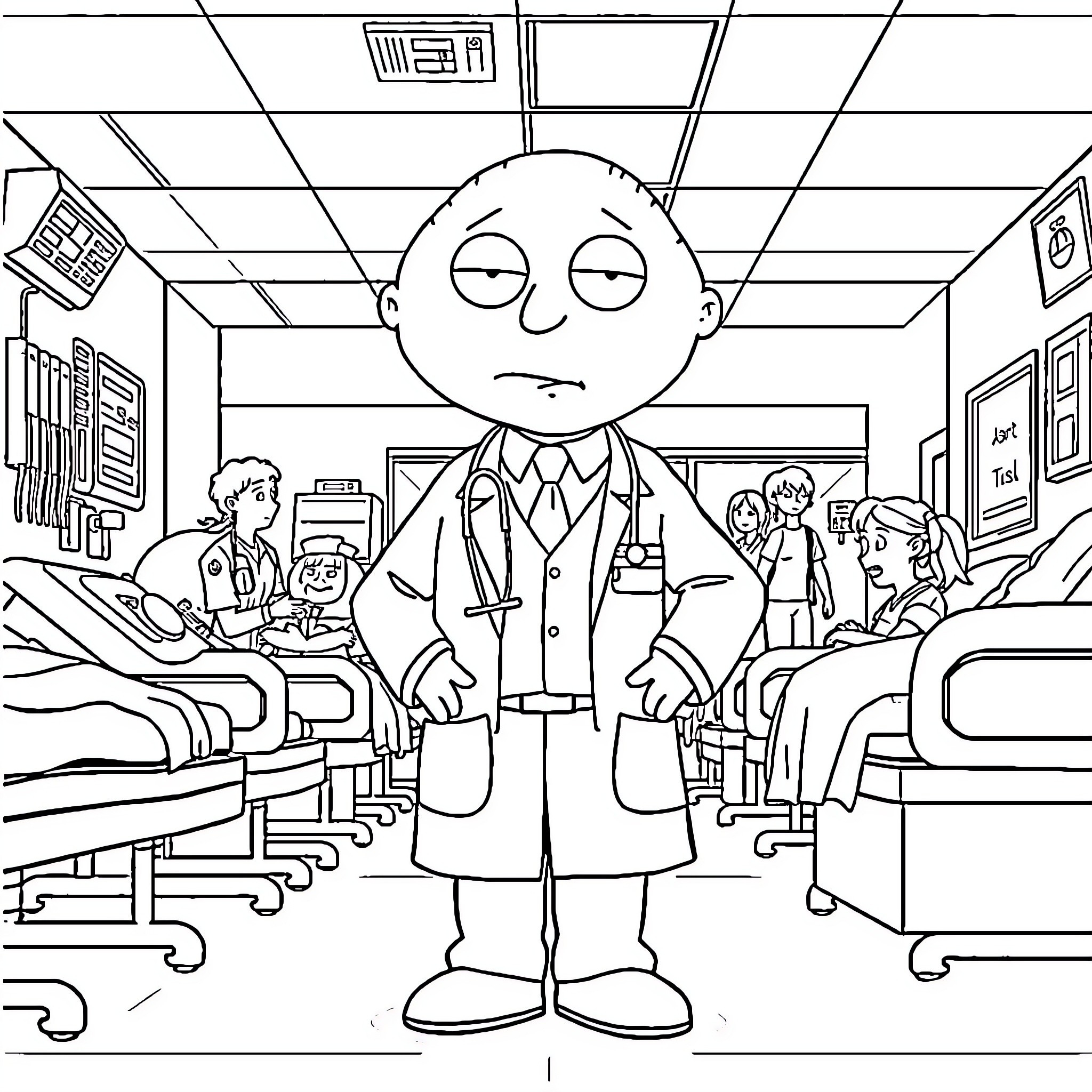 Stewie Griffin's Unhappy Visit to the Doctor's Office Coloring Page (free black-and-white line drawing printable PDF for all, from beginners to advanced learners, including children, teens, adults, and seniors)