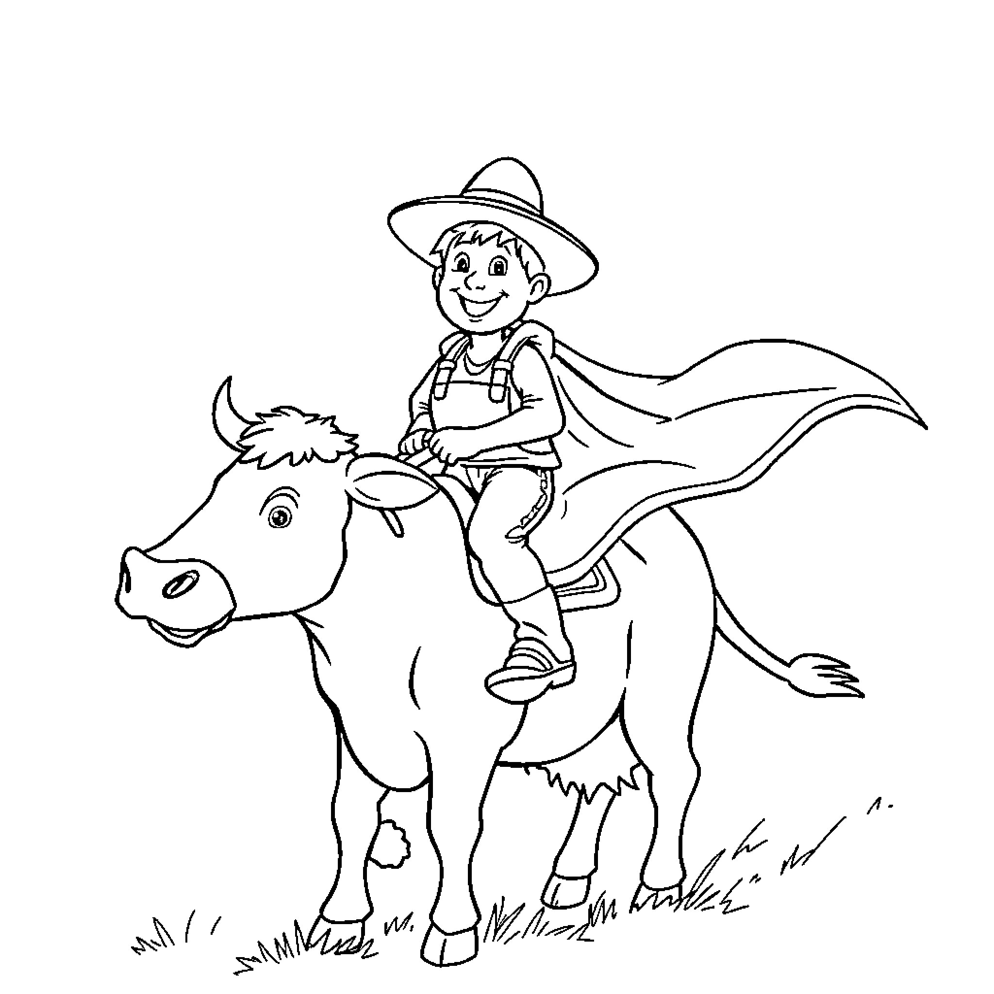 Farmer riding happily on a cow in the field Coloring Page (free black-and-white line drawing printable PDF for all, from beginners to advanced learners, including children, teens, adults, and seniors)
