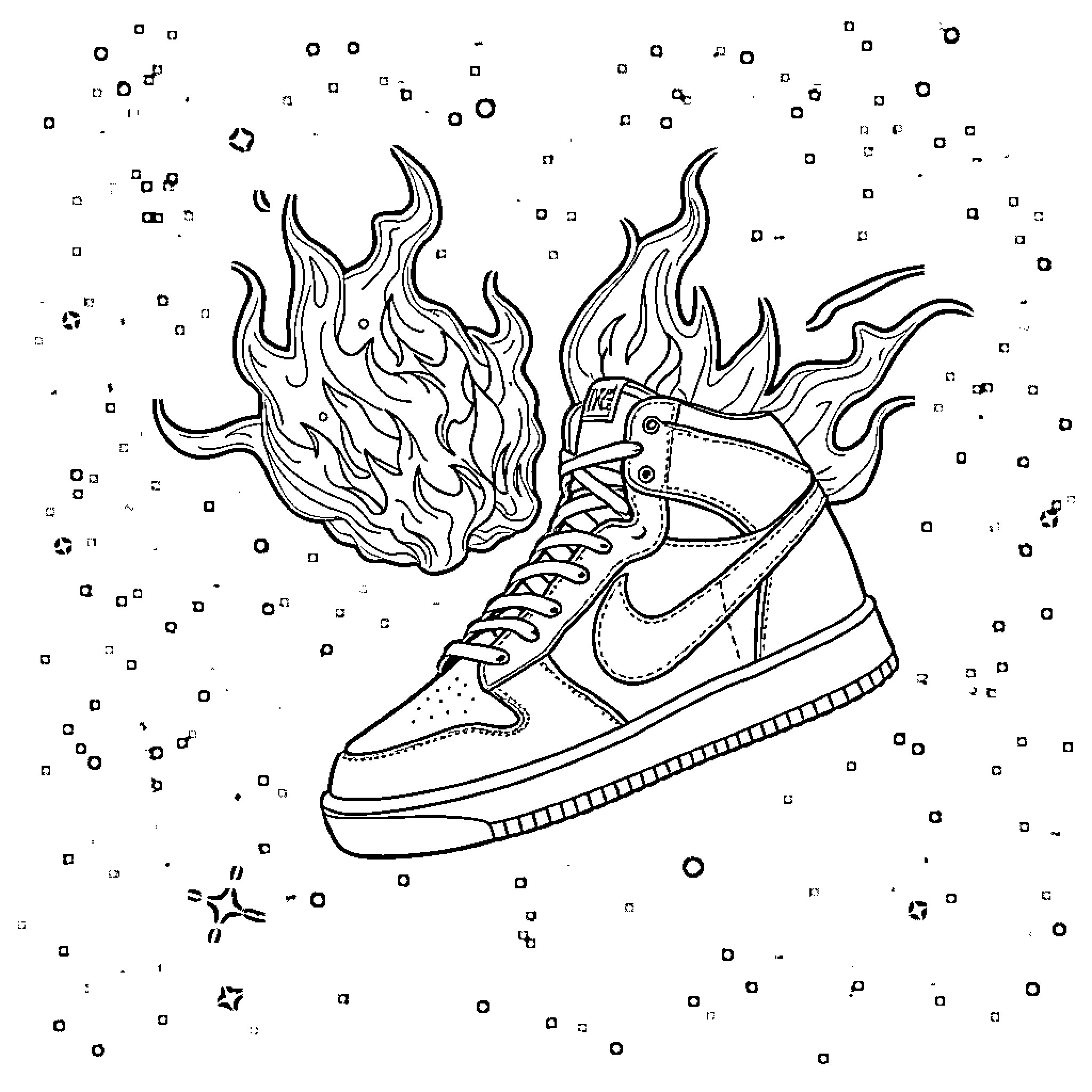 Nike Sneakers Ablaze with Fiery Flair Coloring Page (free black-and-white line drawing printable PDF for all, from beginners to advanced learners, including children, teens, adults, and seniors)