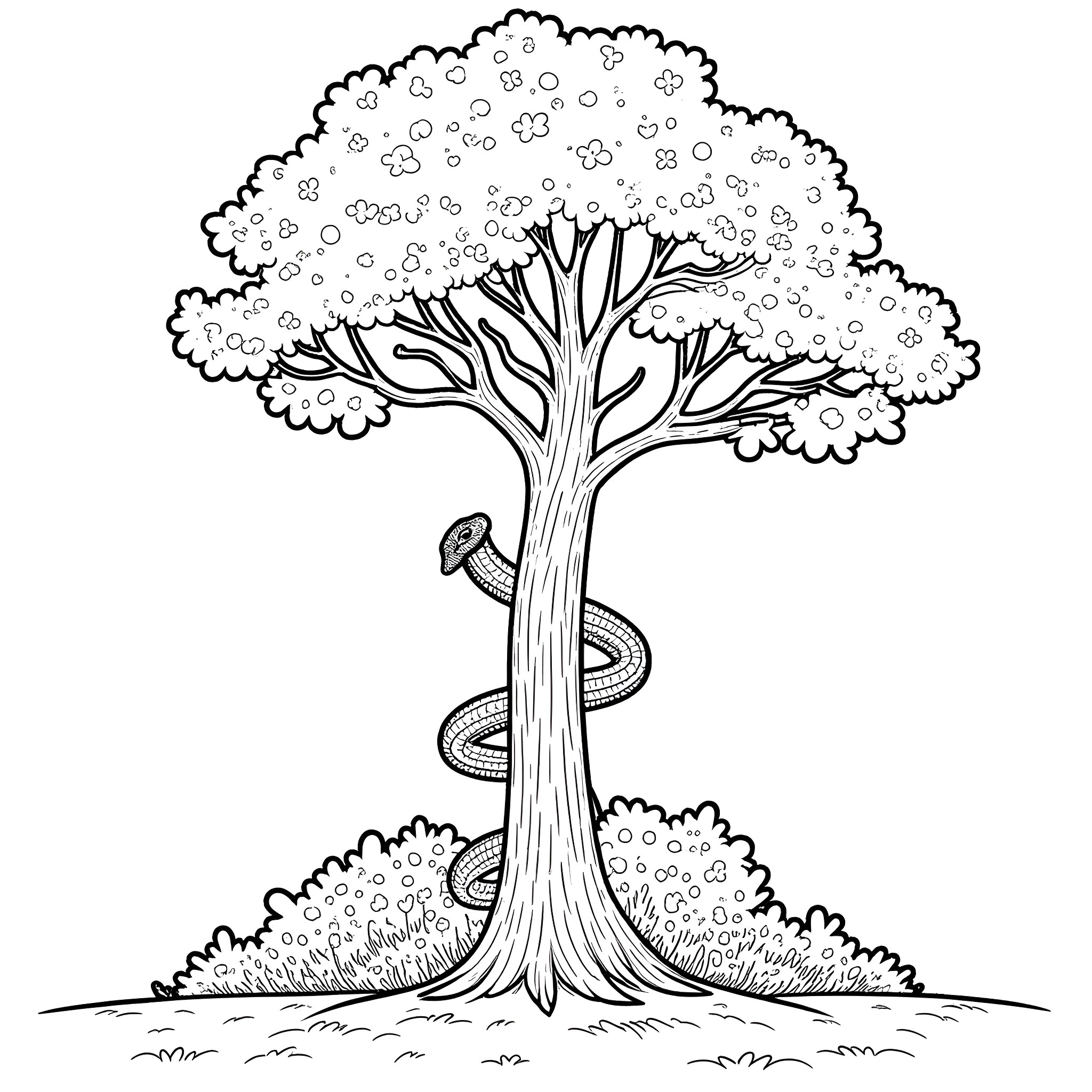 Snake slithering through the leafy tree Coloring Page (free black-and-white line drawing printable PDF for all, from beginners to advanced learners, including children, teens, adults, and seniors)