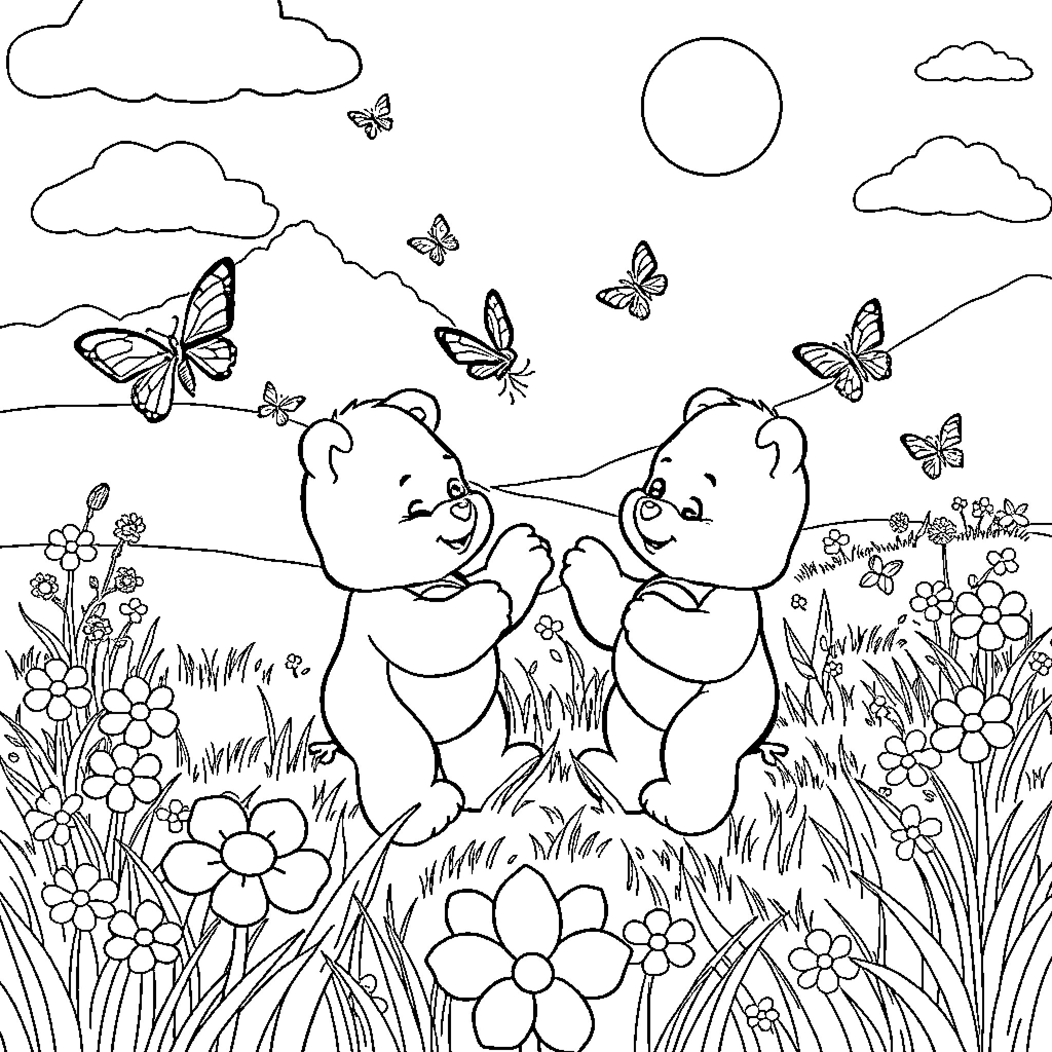 Care Bear friends playing in a flower meadow Coloring Page (free black-and-white line drawing printable PDF for all, from beginners to advanced learners, including children, teens, adults, and seniors)