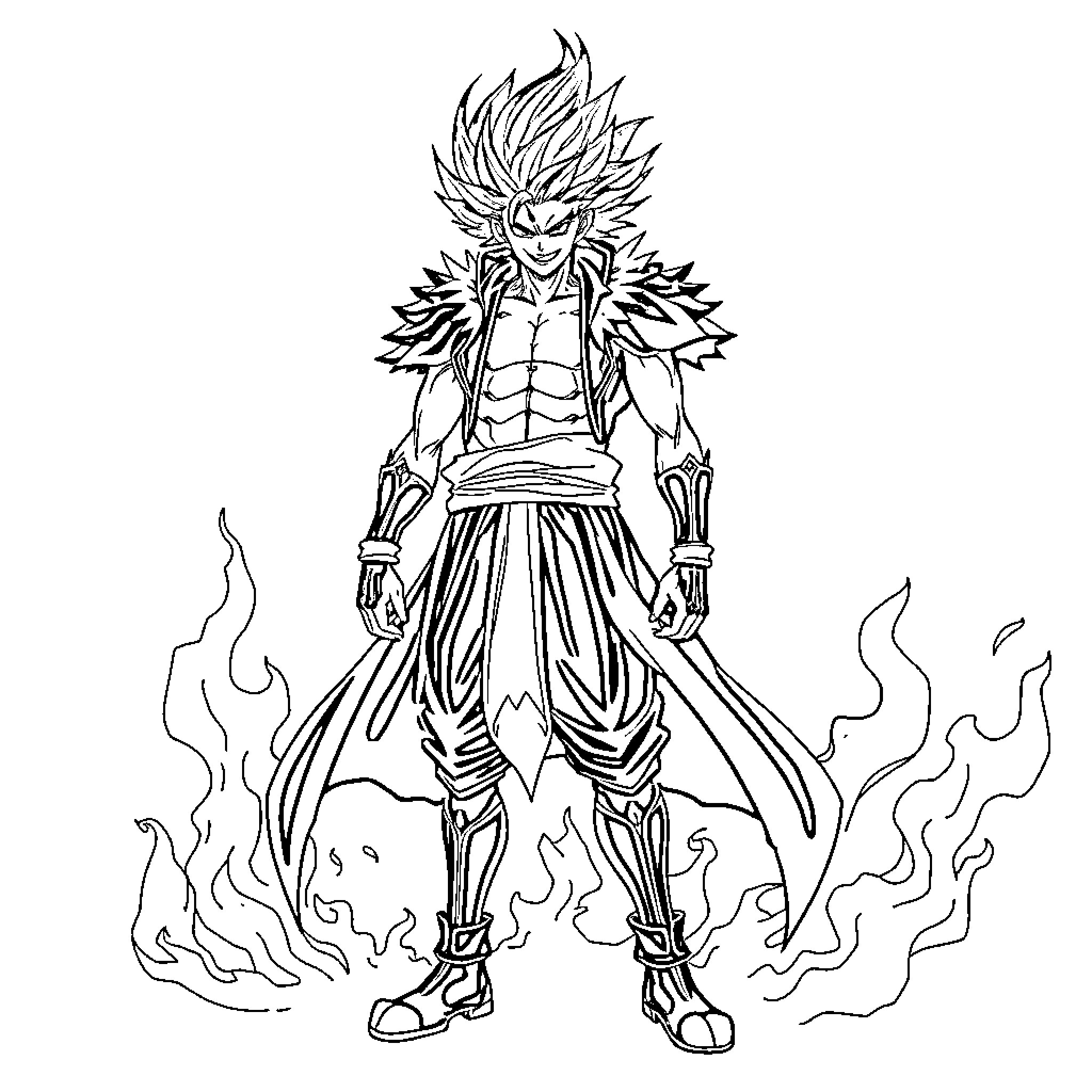 Rengoku in Fierce Warrior Stance with Flames Coloring Page (free black-and-white line drawing printable PDF for all, from beginners to advanced learners, including children, teens, adults, and seniors)