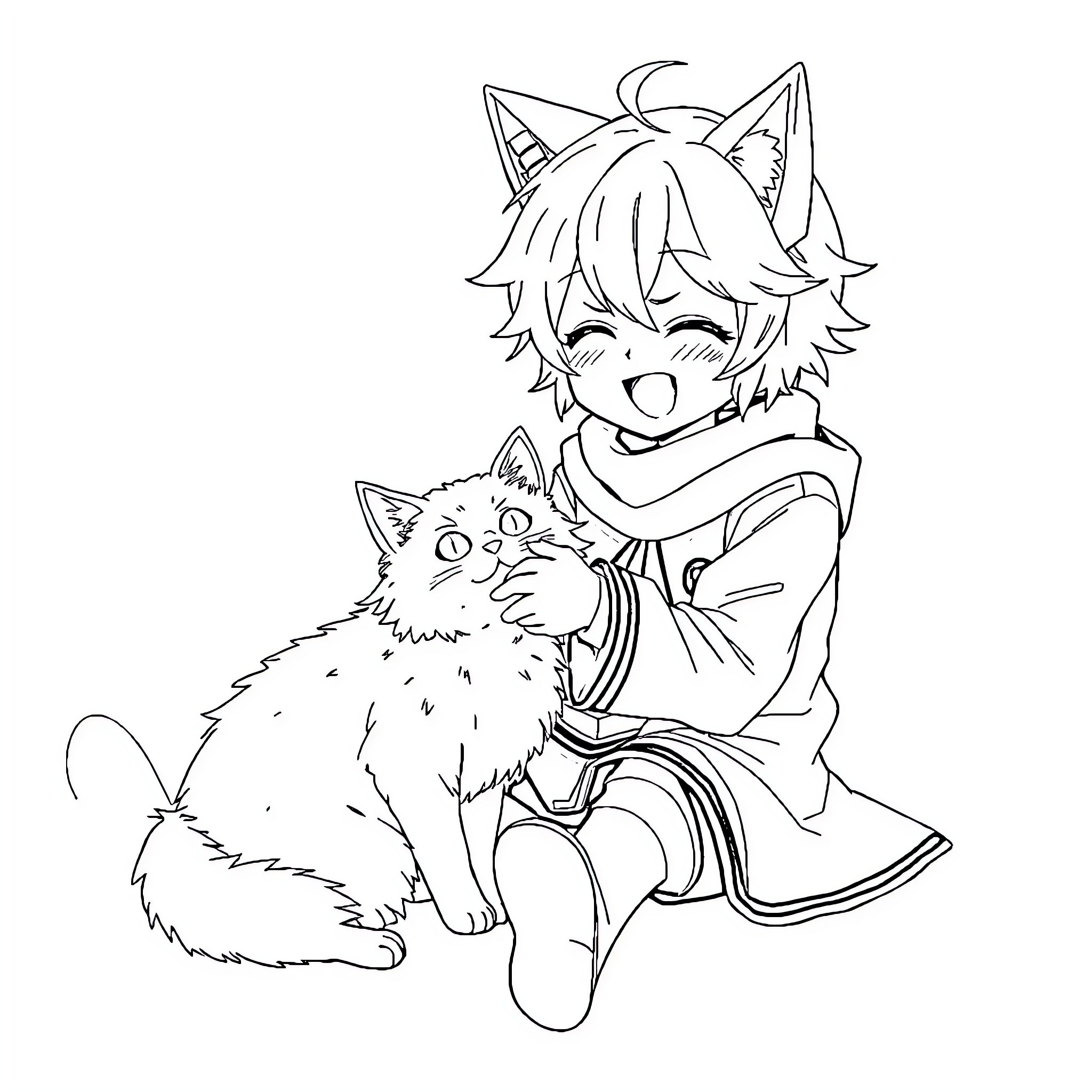 Kokichi Oma playing with a cat Coloring Page (free black-and-white line drawing printable PDF for all, from beginners to advanced learners, including children, teens, adults, and seniors)