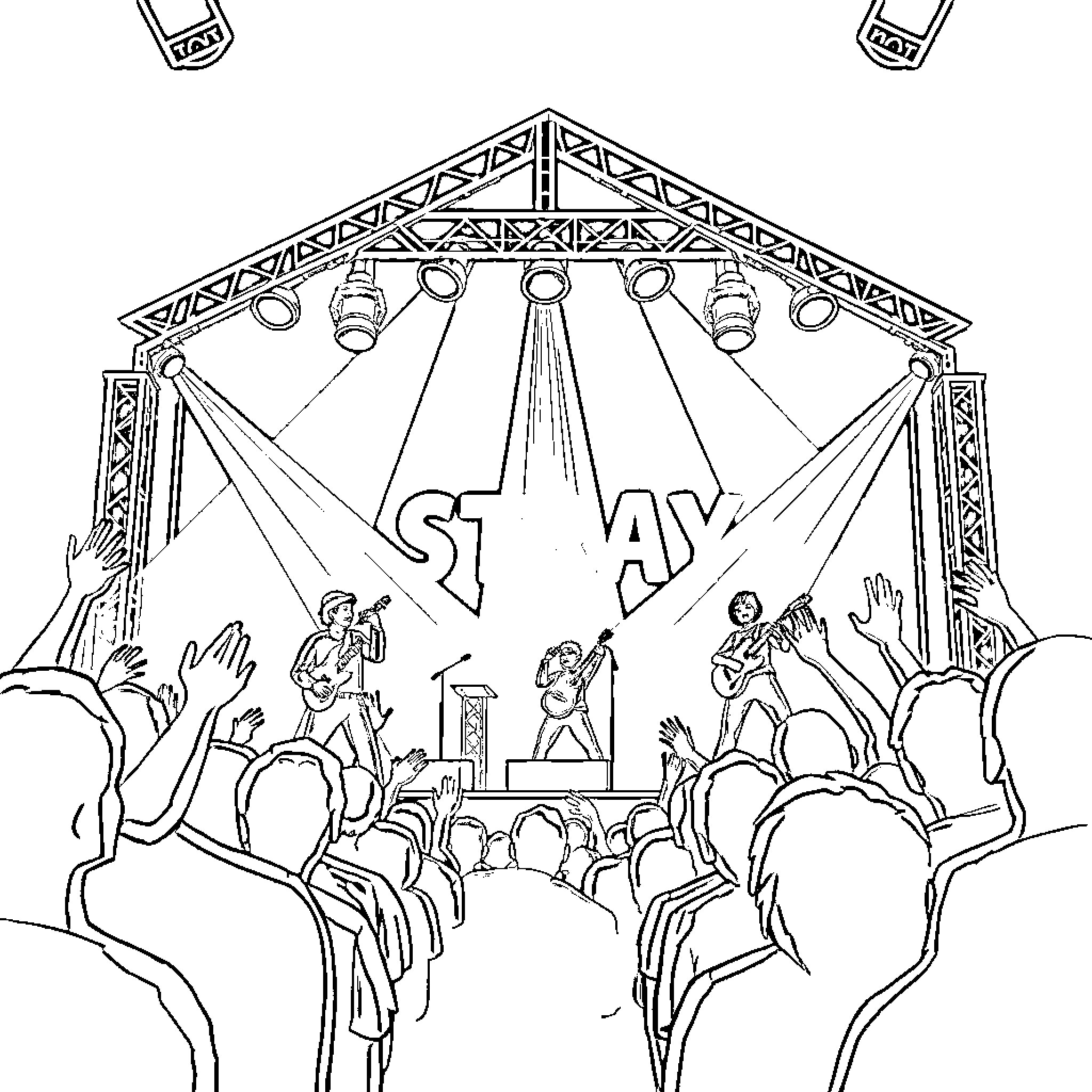 Stray Kids performing on stage in a concert Coloring Page (free black-and-white line drawing printable PDF for all, from beginners to advanced learners, including children, teens, adults, and seniors)