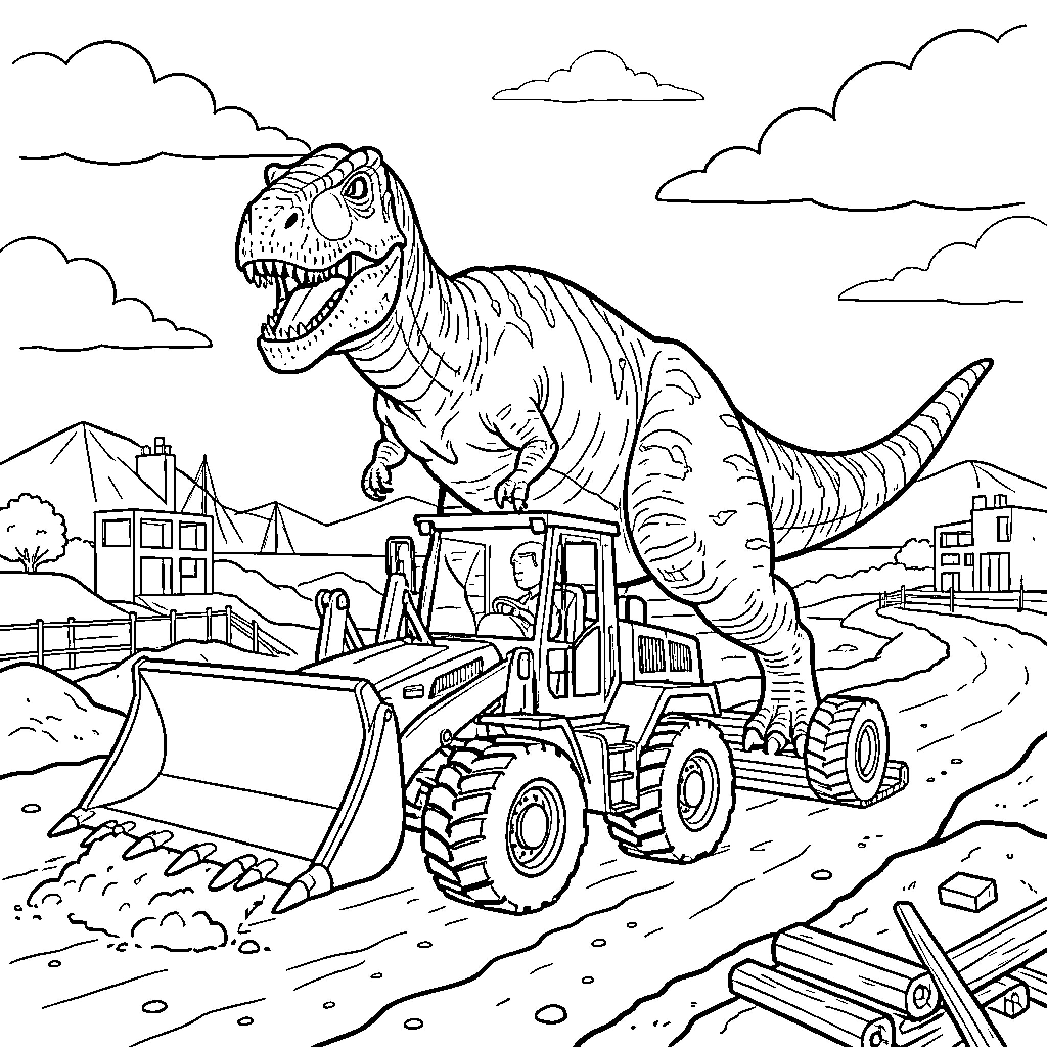 Dinosaur construction worker operating heavy machinery Coloring Page (free black-and-white line drawing printable PDF for all, from beginners to advanced learners, including children, teens, adults, and seniors)