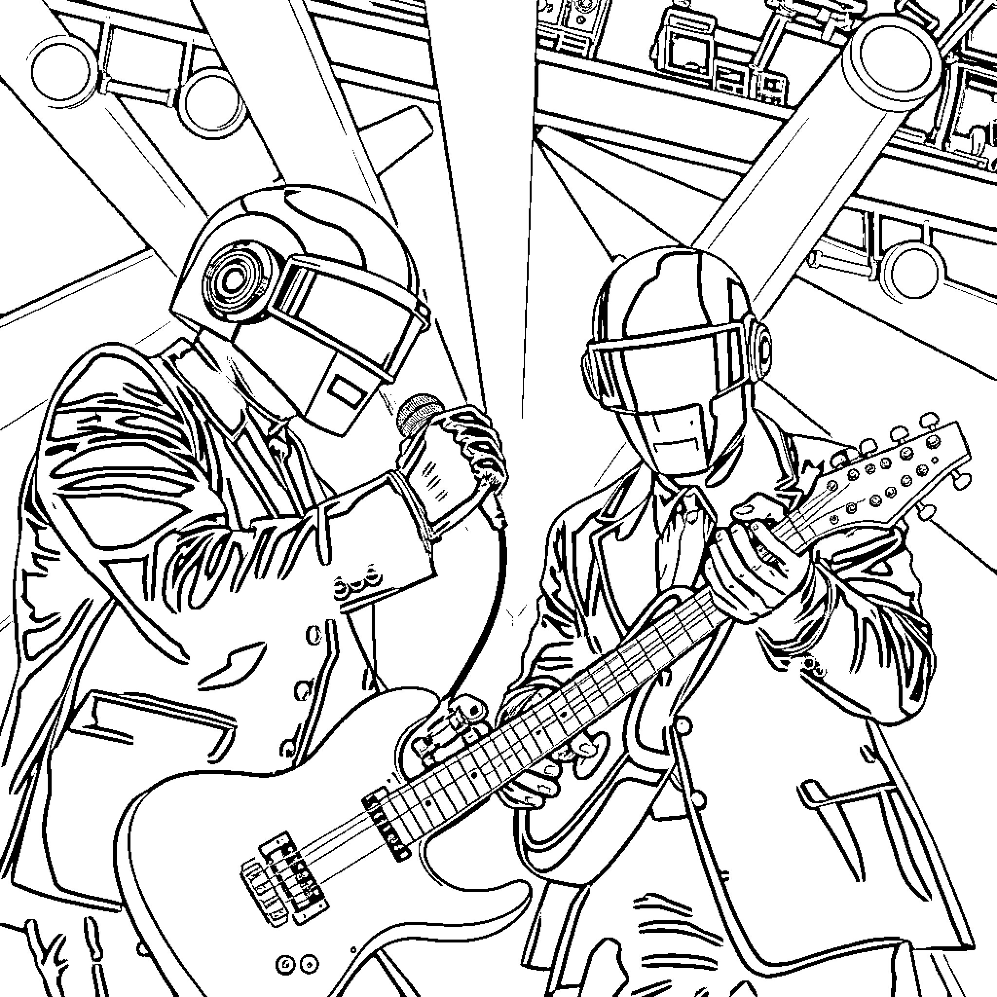 Daft Punk performing on stage with electronic instruments Coloring Page (free black-and-white line drawing printable PDF for all, from beginners to advanced learners, including children, teens, adults, and seniors)
