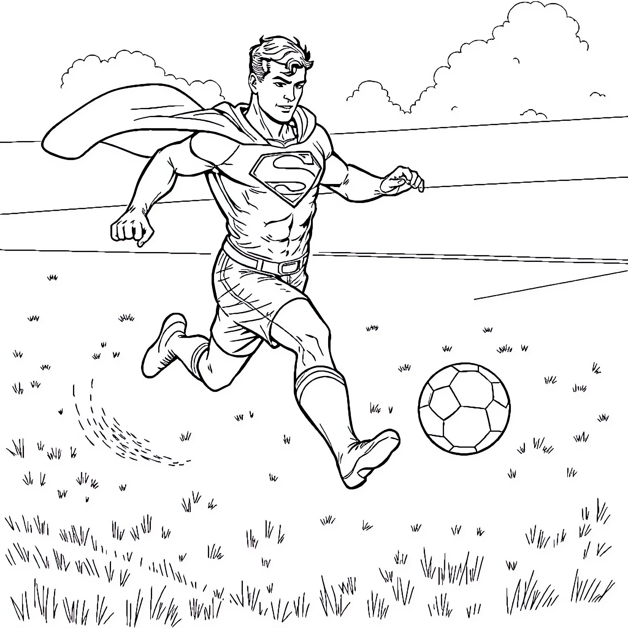 Superman playing soccer in the field Coloring Page (free black-and-white line drawing printable PDF for all, from beginners to advanced learners, including children, teens, adults, and seniors)