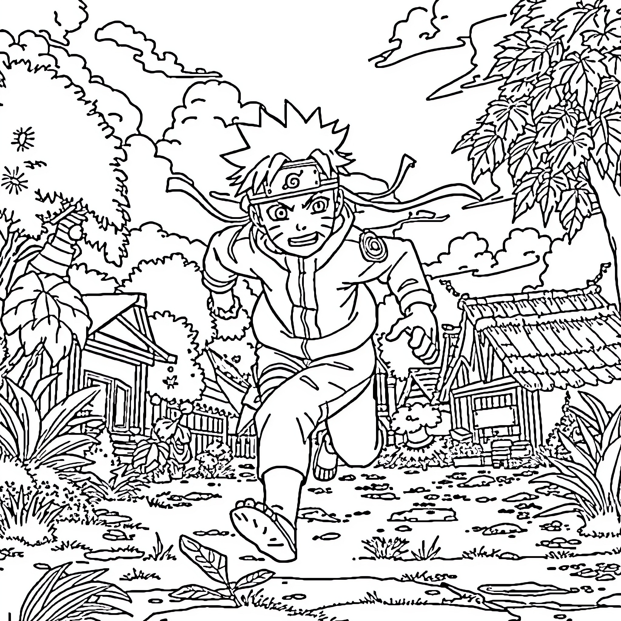 Naruto exploring the village during a sunny day Coloring Page (free black-and-white line drawing printable PDF for all, from beginners to advanced learners, including children, teens, adults, and seniors)