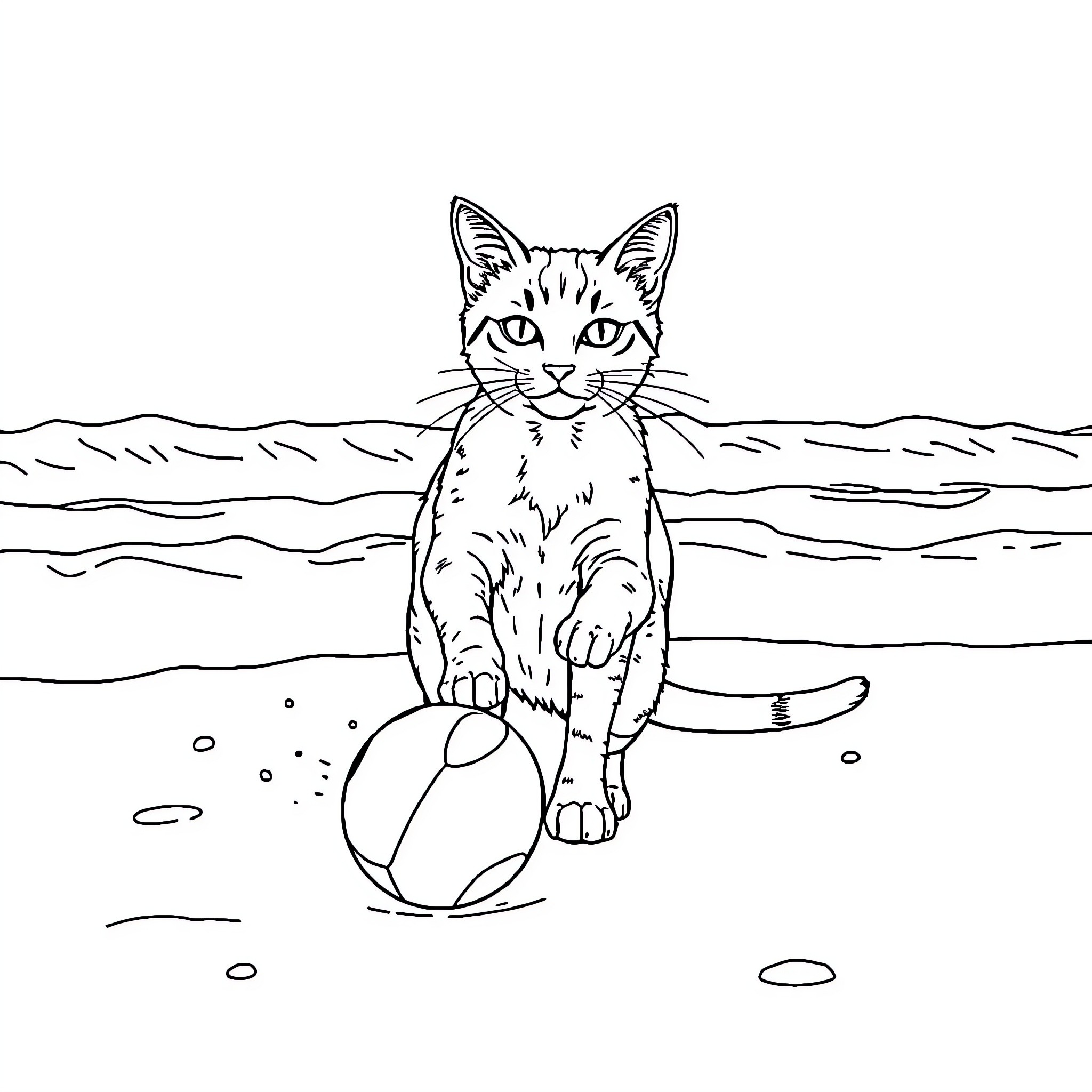 Gato playing with beach ball on shore Coloring Page (free black-and-white line drawing printable PDF for all, from beginners to advanced learners, including children, teens, adults, and seniors)