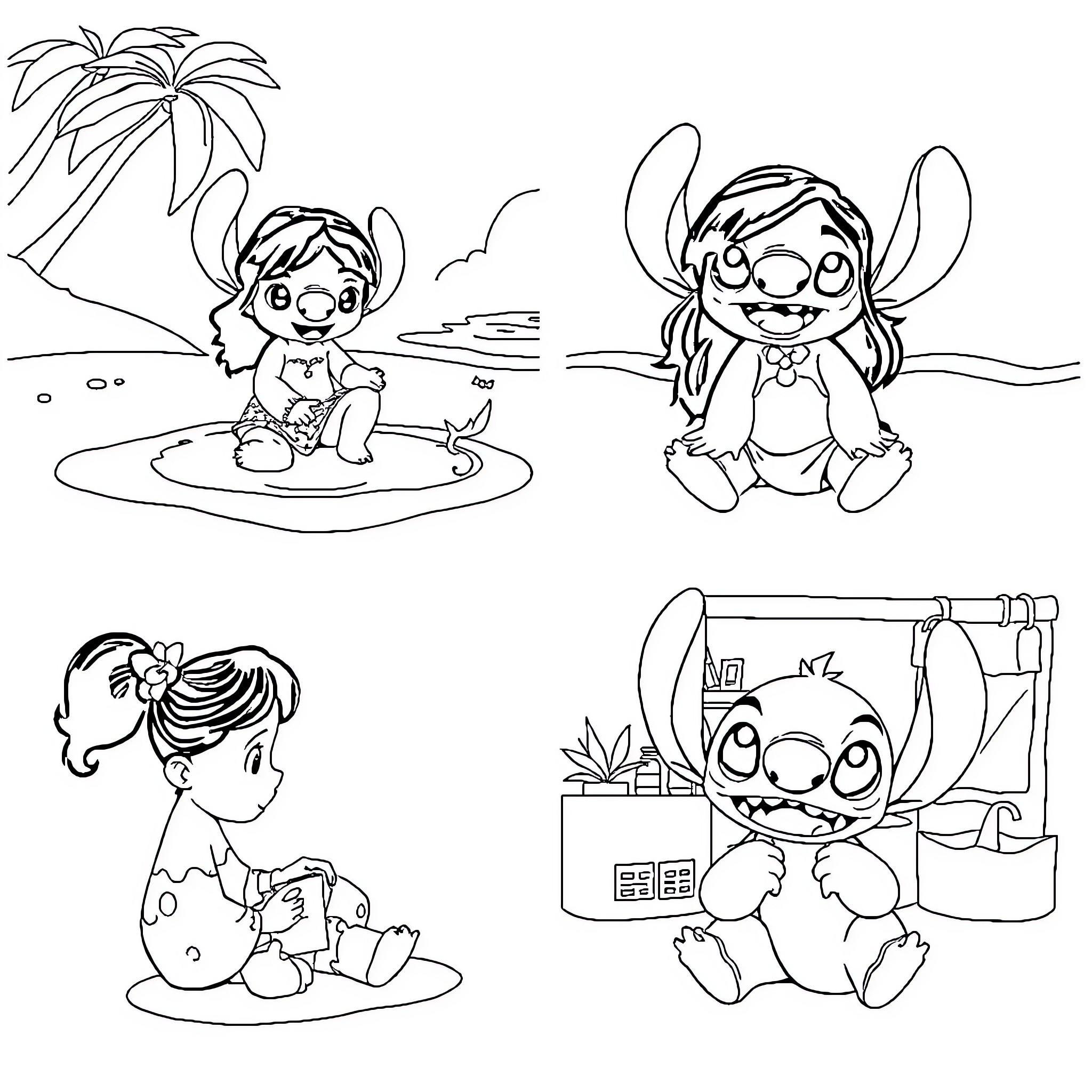 Lilo And Stitch Enjoying Summer Adventures Coloring Page (free black-and-white line drawing printable PDF for all, from beginners to advanced learners, including children, teens, adults, and seniors)
