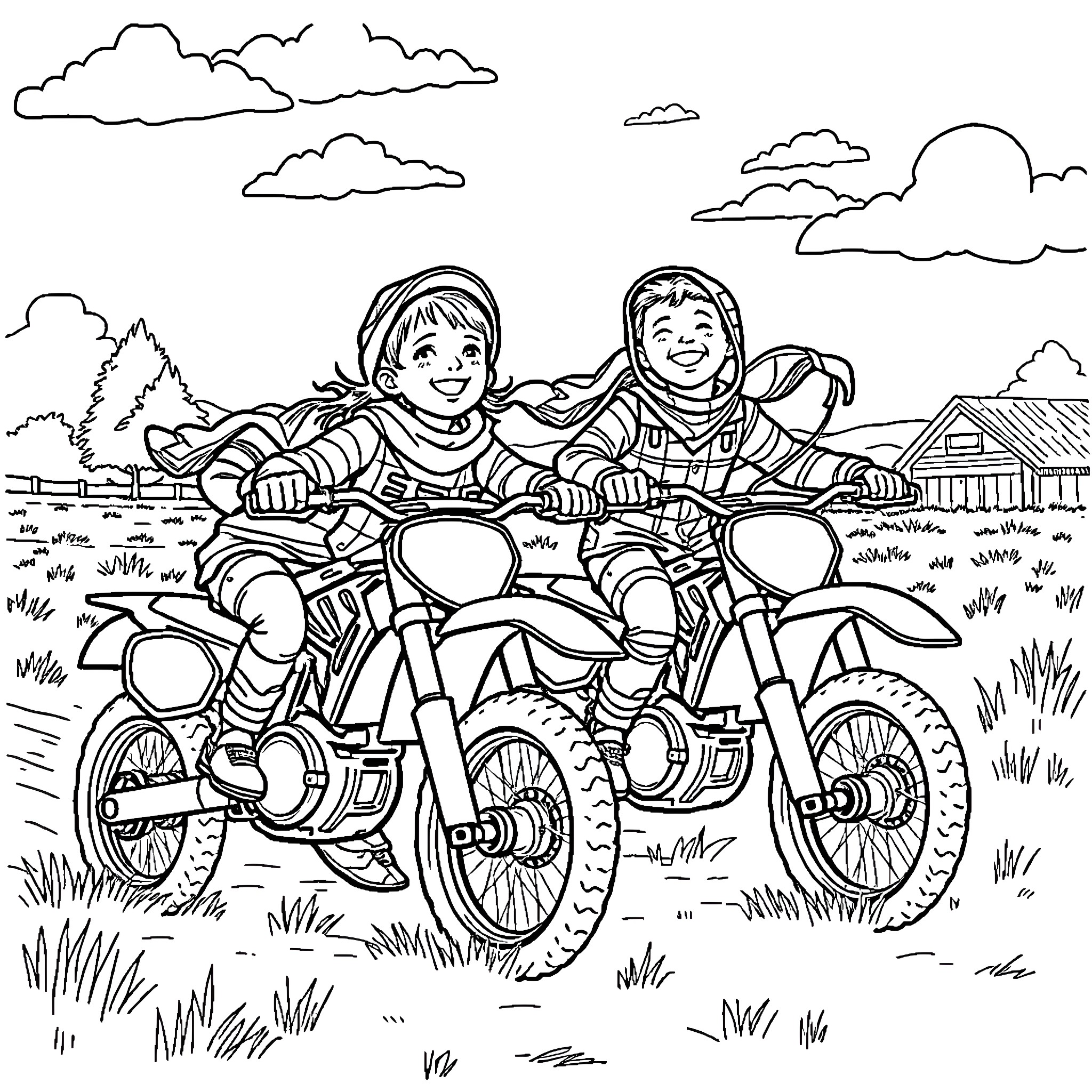Kid Enjoying Motorcycle Ride with Friend in Countryside Coloring Page (free black-and-white line drawing printable PDF for all, from beginners to advanced learners, including children, teens, adults, and seniors)