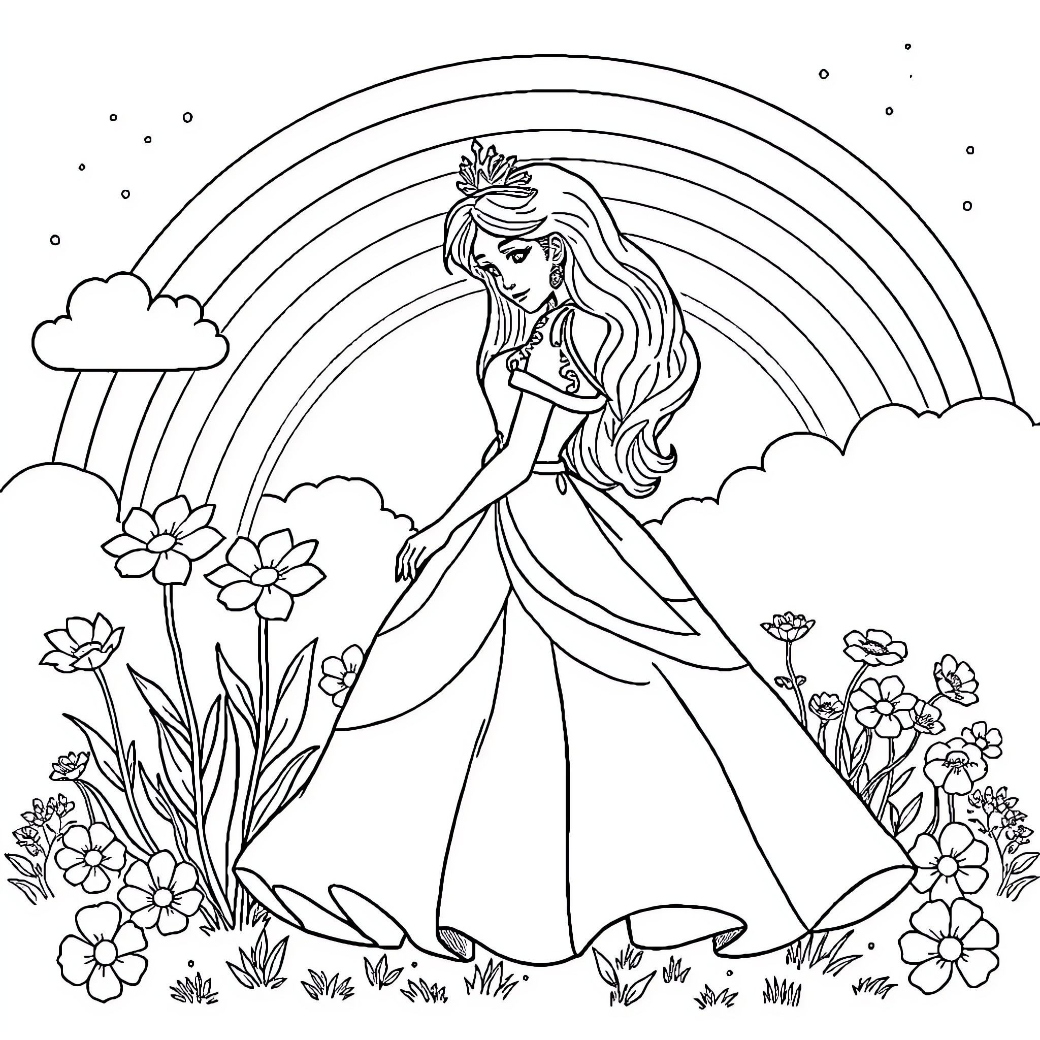 Princess strolling through a magical flower garden Coloring Page (free black-and-white line drawing printable PDF for all, from beginners to advanced learners, including children, teens, adults, and seniors)