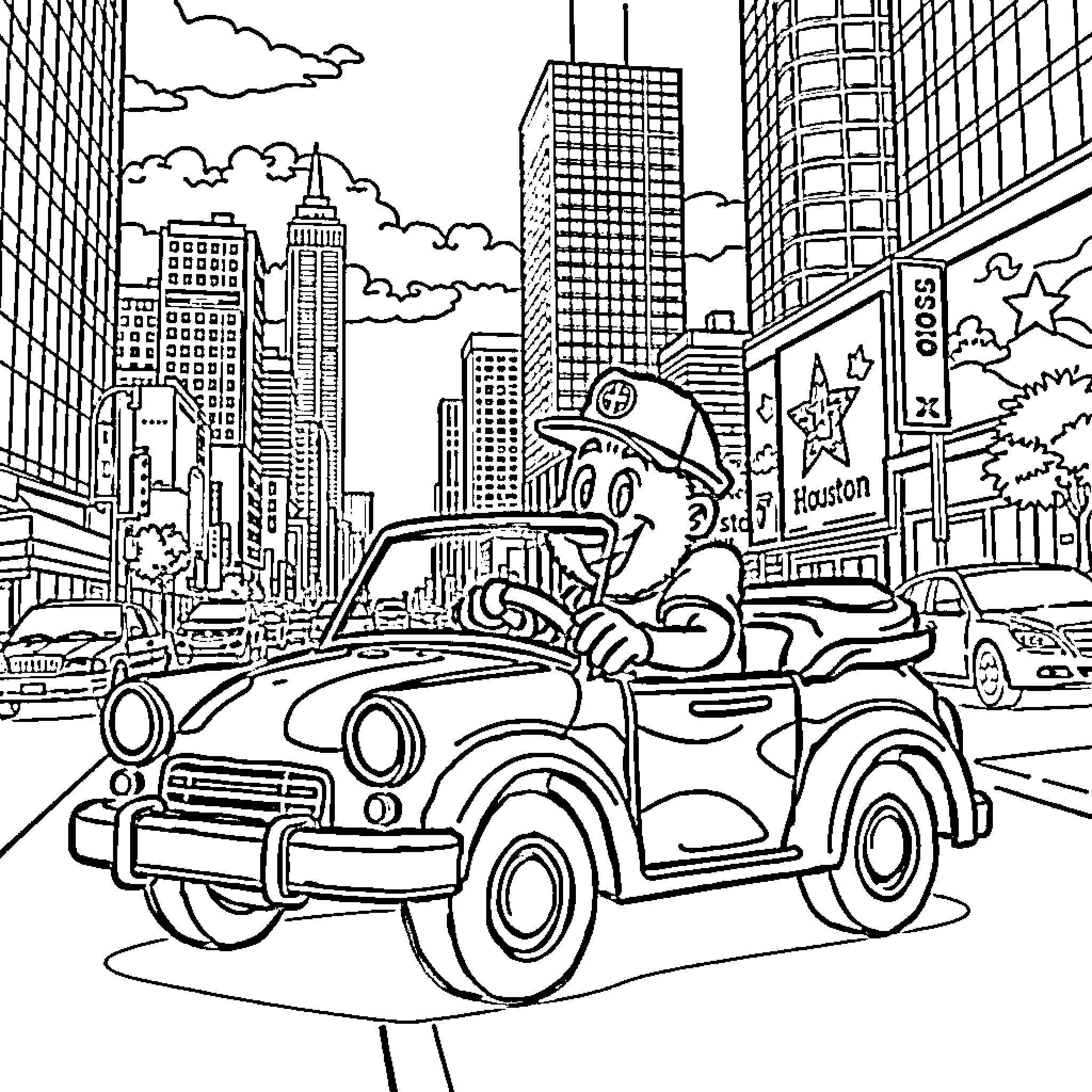 Mascot driving classic car through city streets Coloring Page (free black-and-white line drawing printable PDF for all, from beginners to advanced learners, including children, teens, adults, and seniors)
