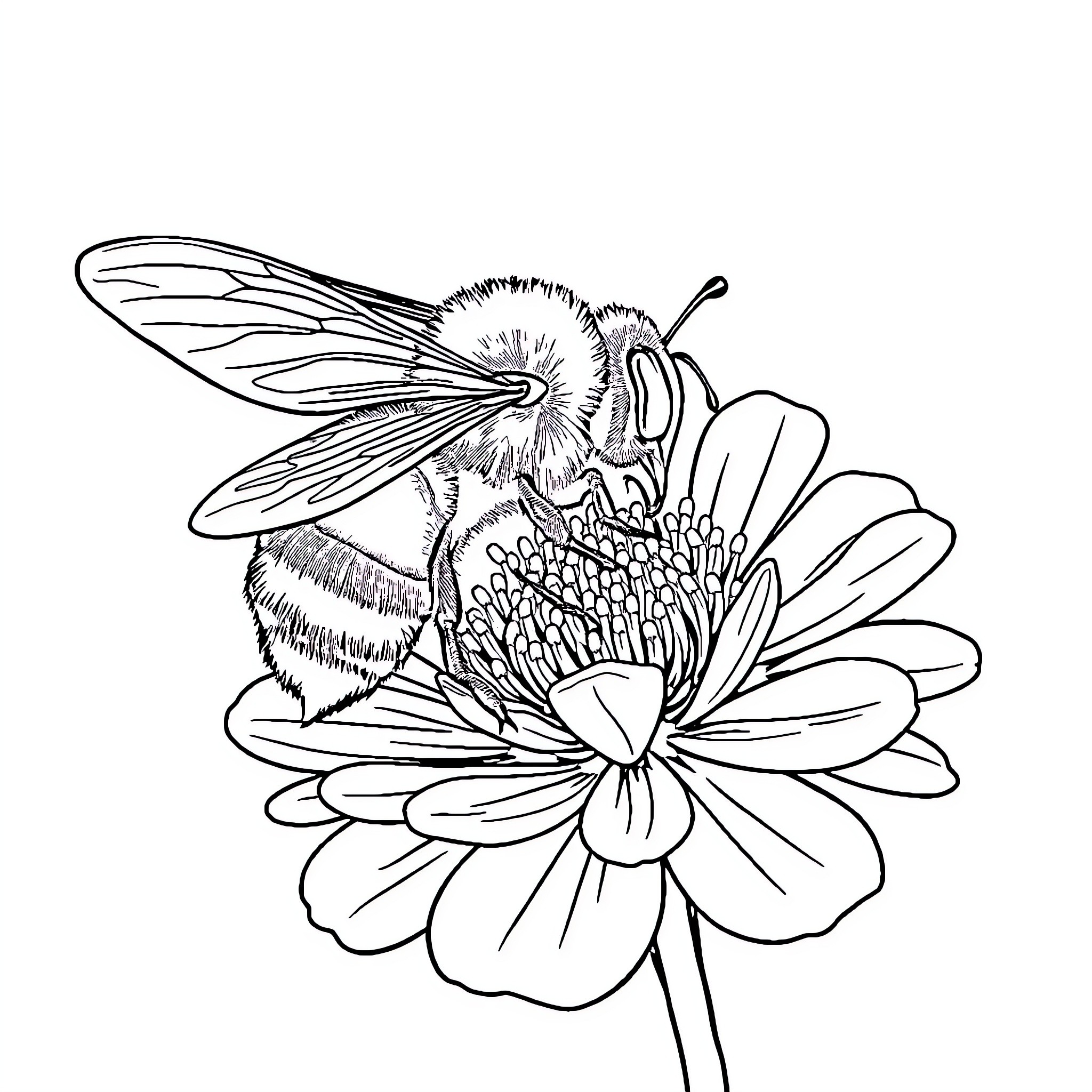Bee pollinating a detailed flower Coloring Page (free black-and-white line drawing printable PDF for all, from beginners to advanced learners, including children, teens, adults, and seniors)