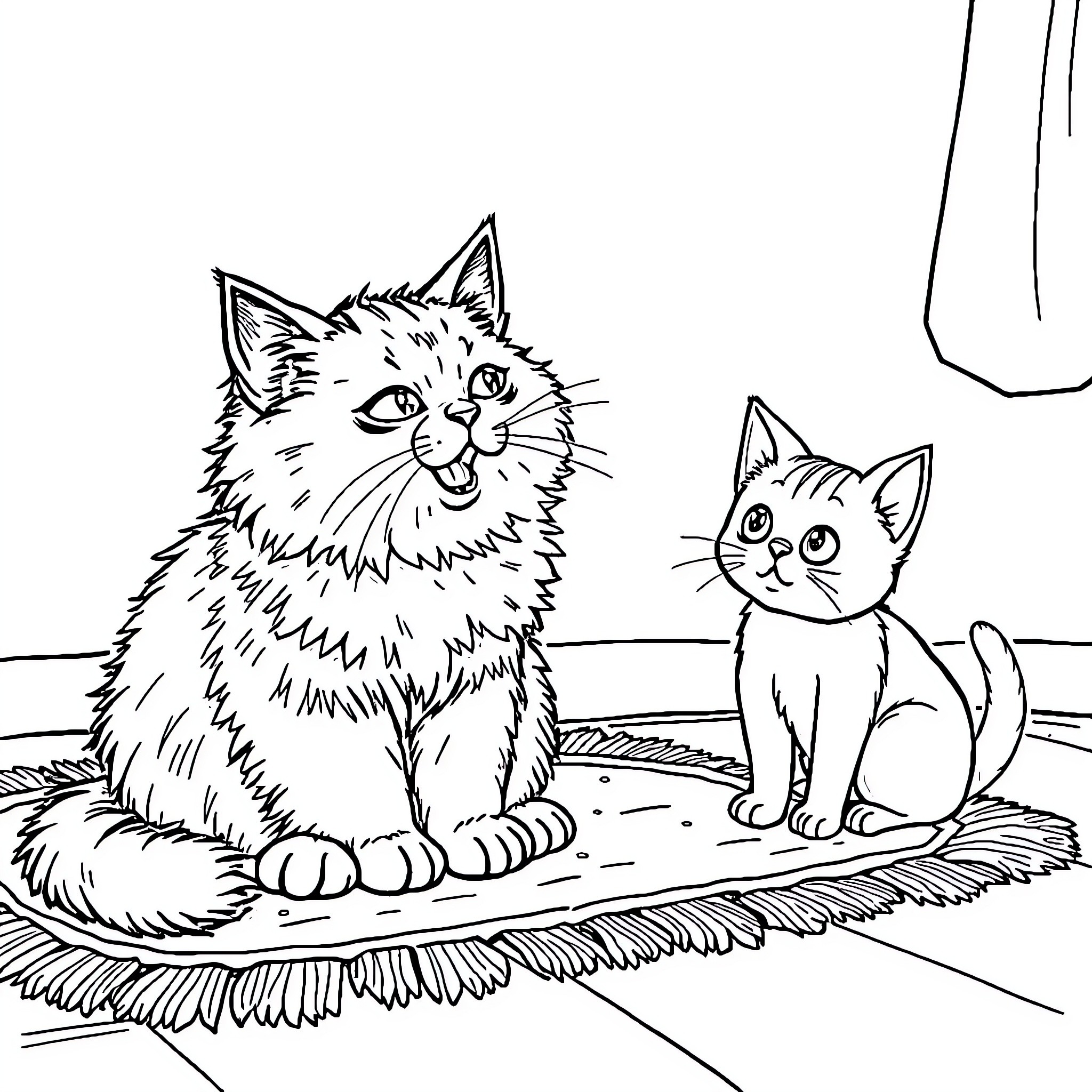 Cat pair playing on a rug Coloring Page (free black-and-white line drawing printable PDF for all, from beginners to advanced learners, including children, teens, adults, and seniors)
