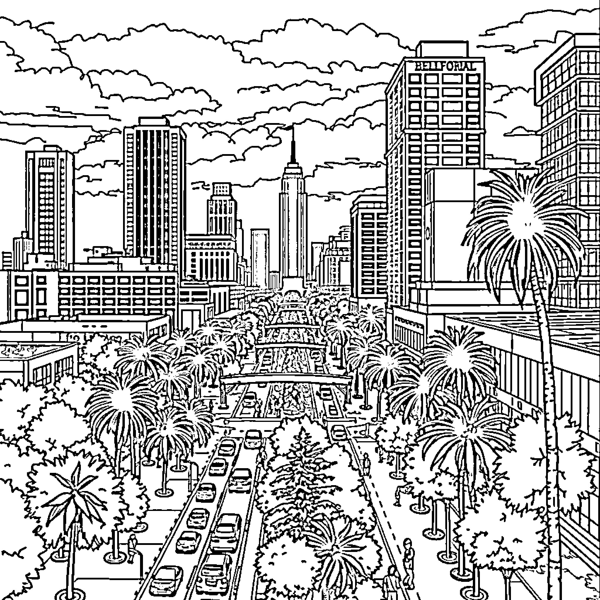 Bellflower in the City Skyline Coloring Page (free black-and-white line drawing printable PDF for all, from beginners to advanced learners, including children, teens, adults, and seniors)