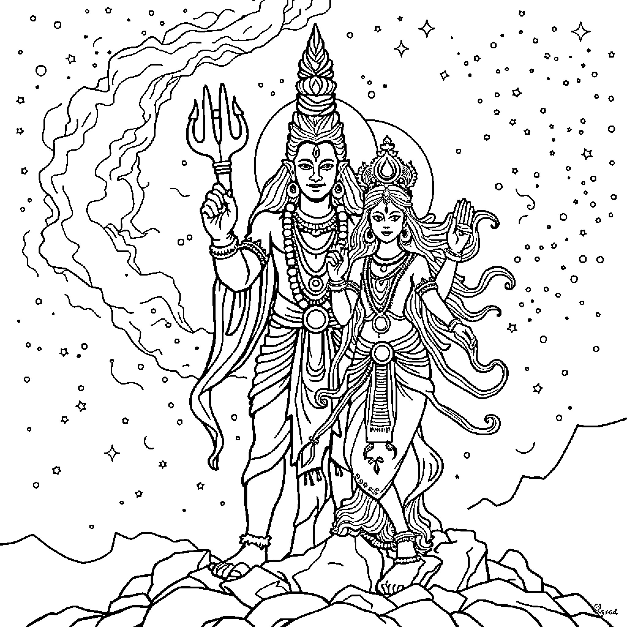 Shiva and Parvati in celestial embrace Coloring Page (free black-and-white line drawing printable PDF for all, from beginners to advanced learners, including children, teens, adults, and seniors)