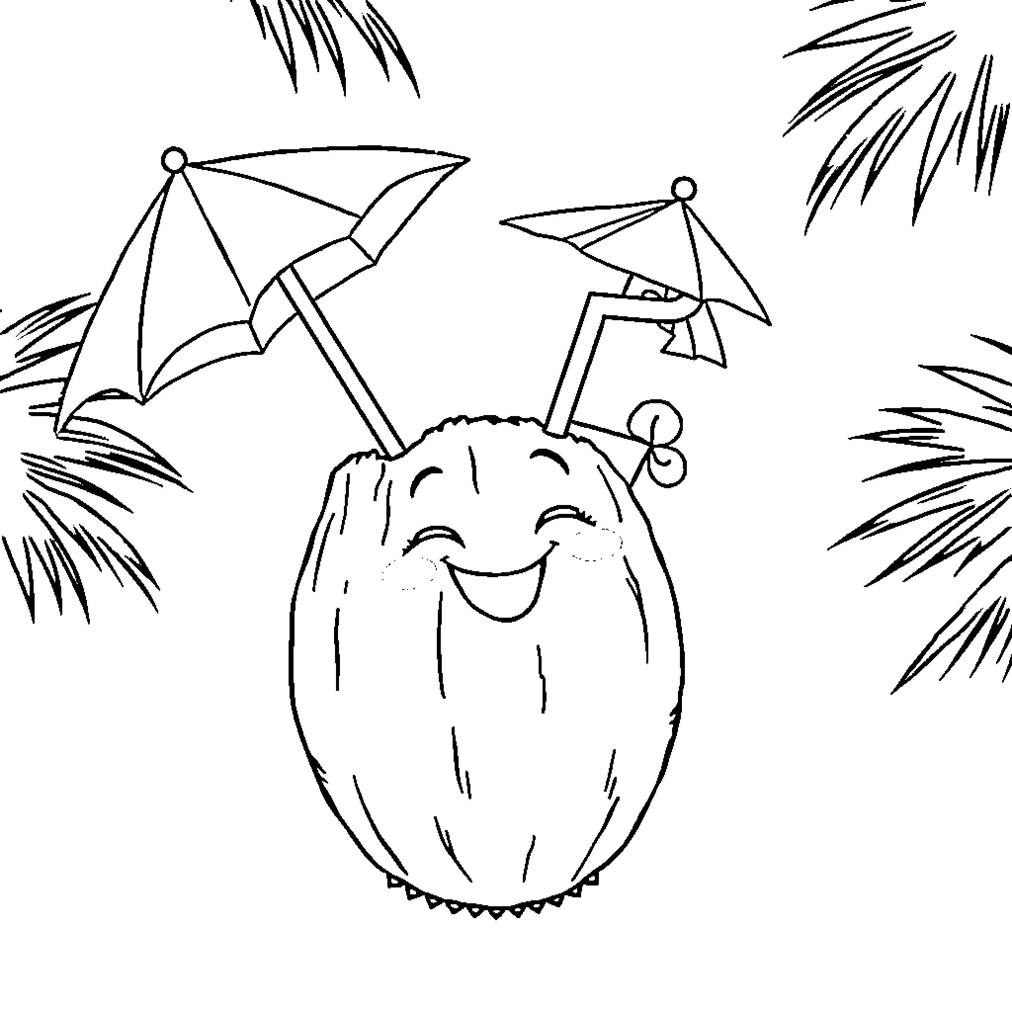 Coconut enjoying a sunny day with umbrellas Coloring Page (free black-and-white line drawing printable PDF for all, from beginners to advanced learners, including children, teens, adults, and seniors)